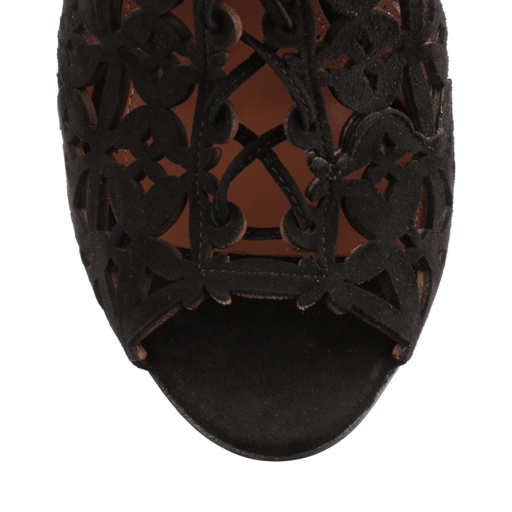 Black suede laser-cut sandal