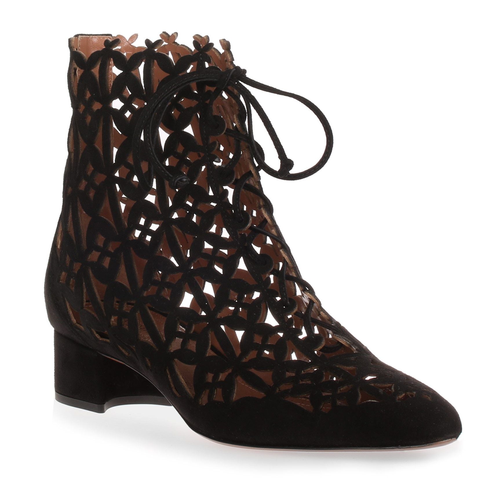 Black suede laser-cut bootie