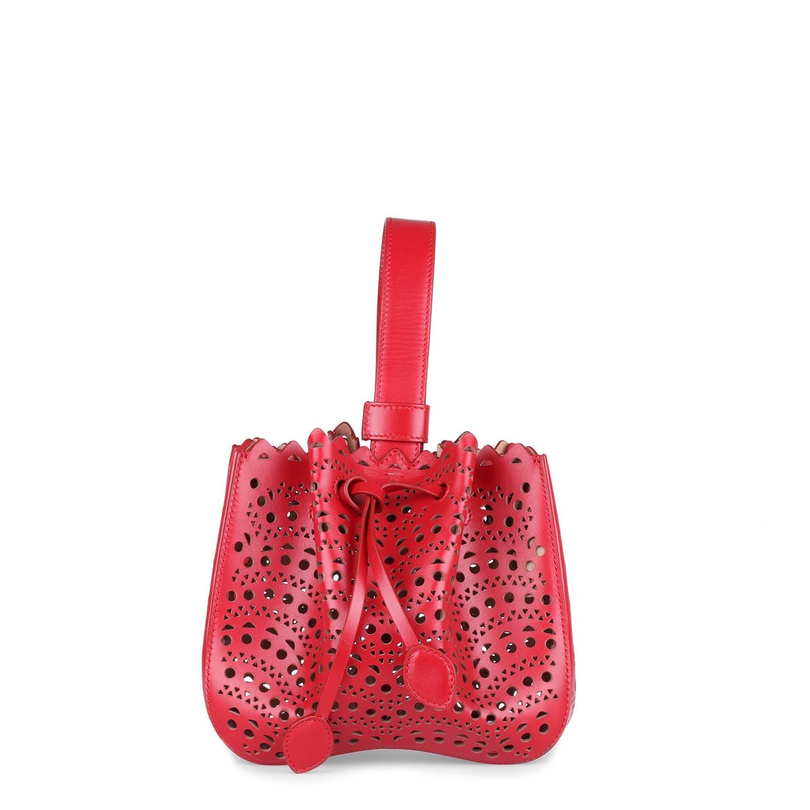 Red leather laser-cut bucket bag