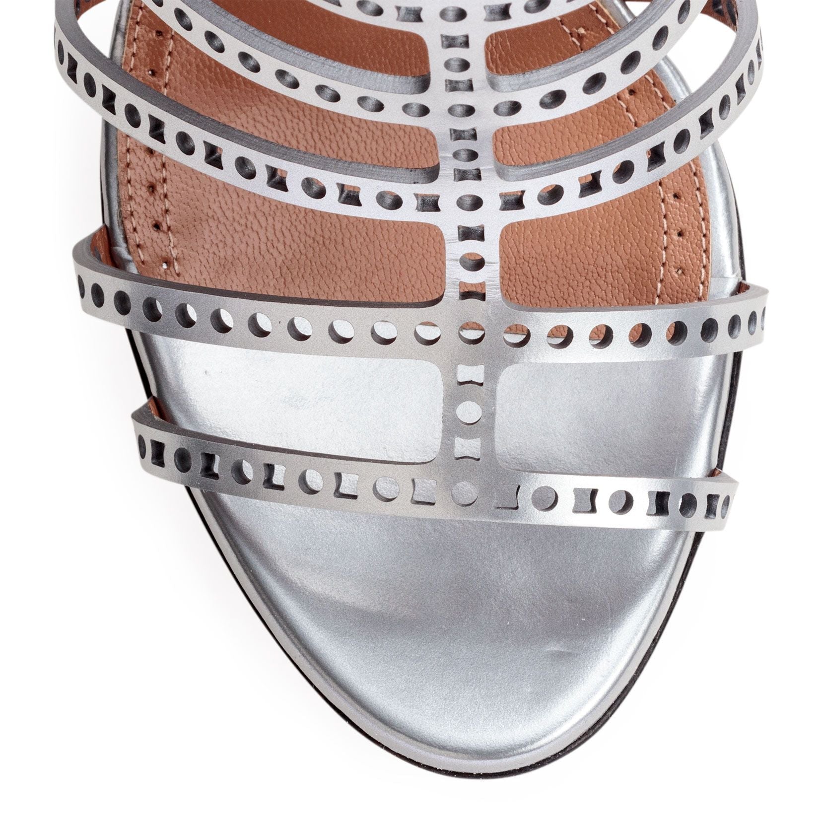 Metallic Silver Laser-Cut Leather Sandals