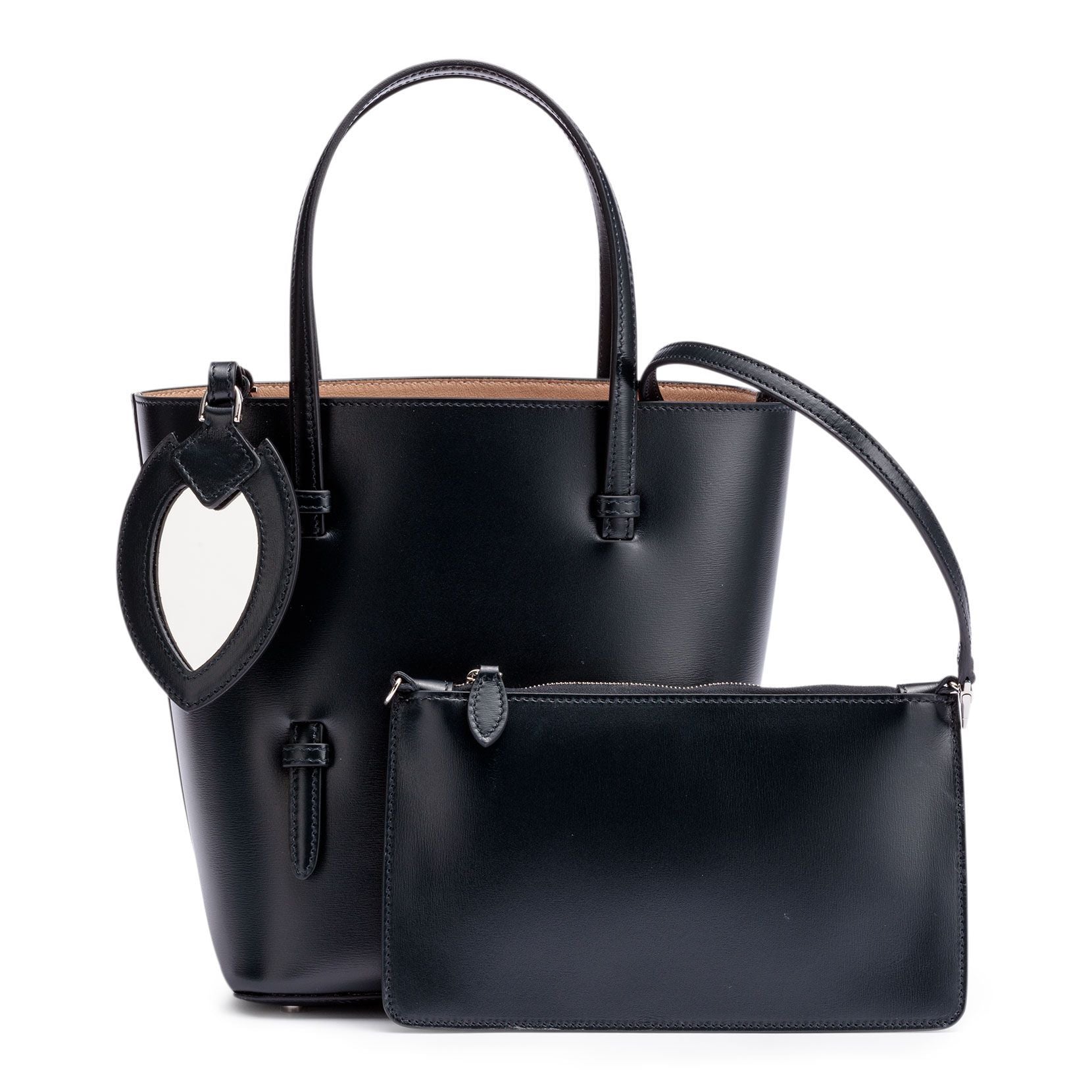 Navy leather tote with studded floral strap