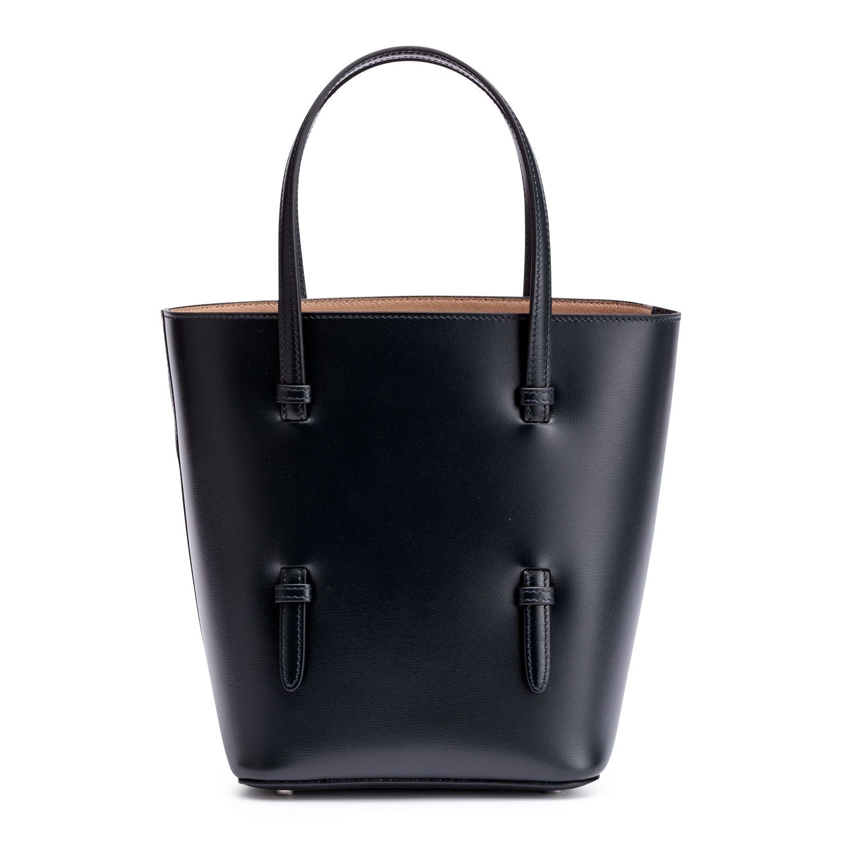 Navy leather tote with studded floral strap