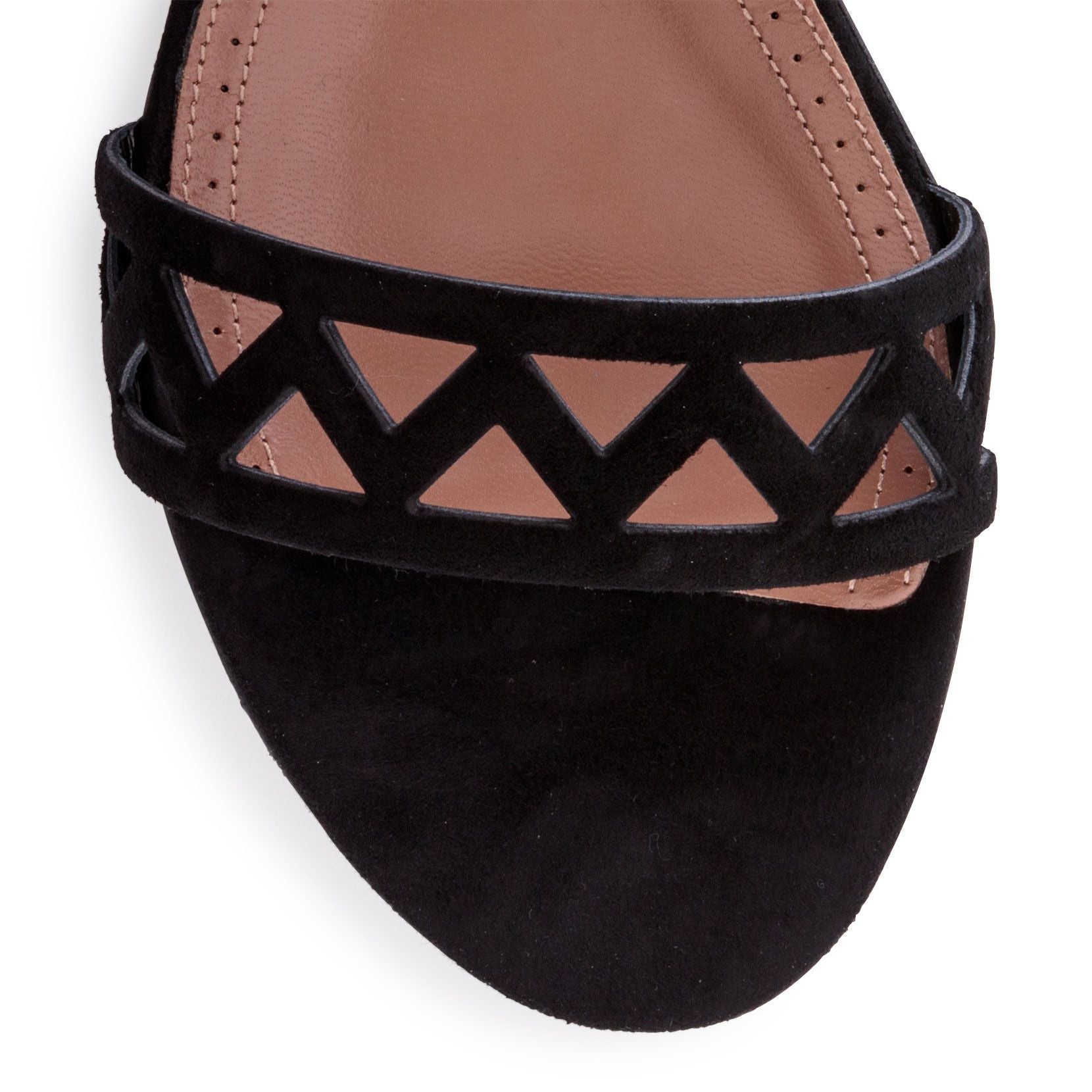 Black suede laser-cut flat sandals