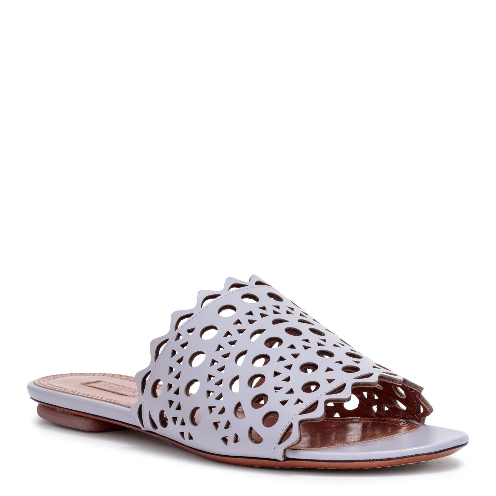 Grey leather laser-cut slide sandals