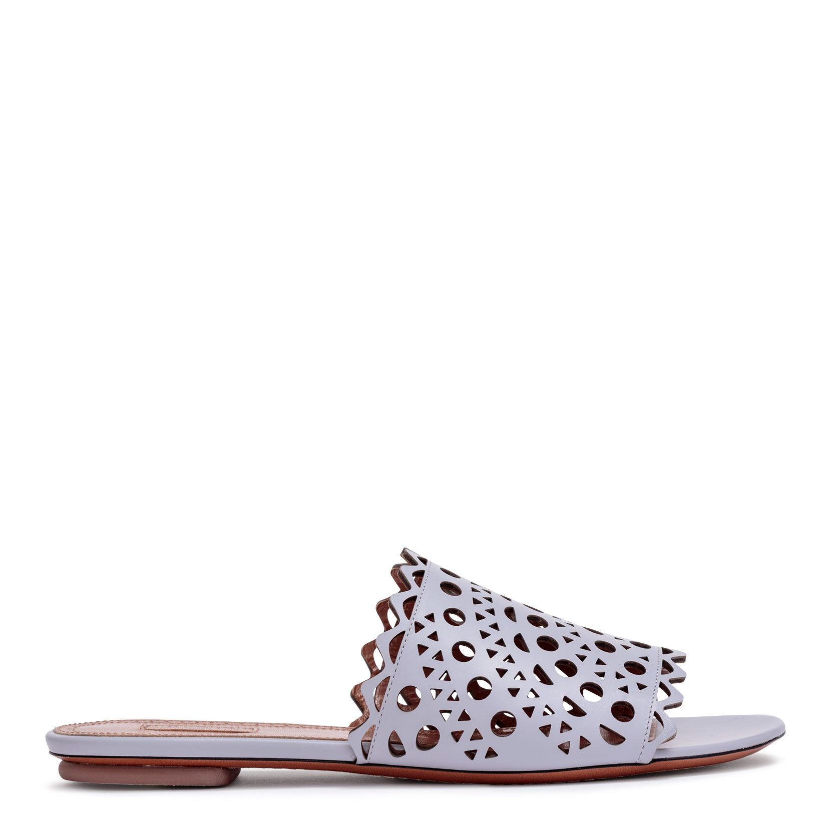 Grey leather laser-cut slide sandals