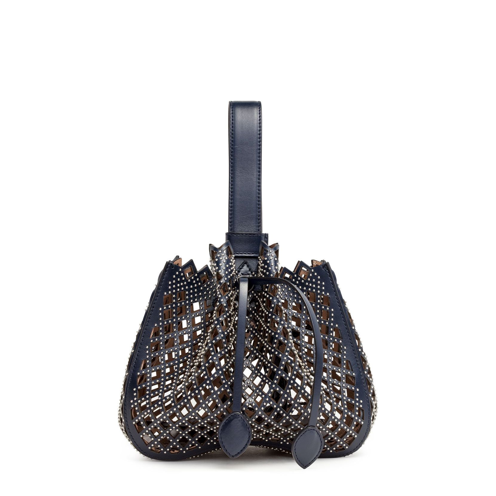 Navy Leather Studded Bucket Bag