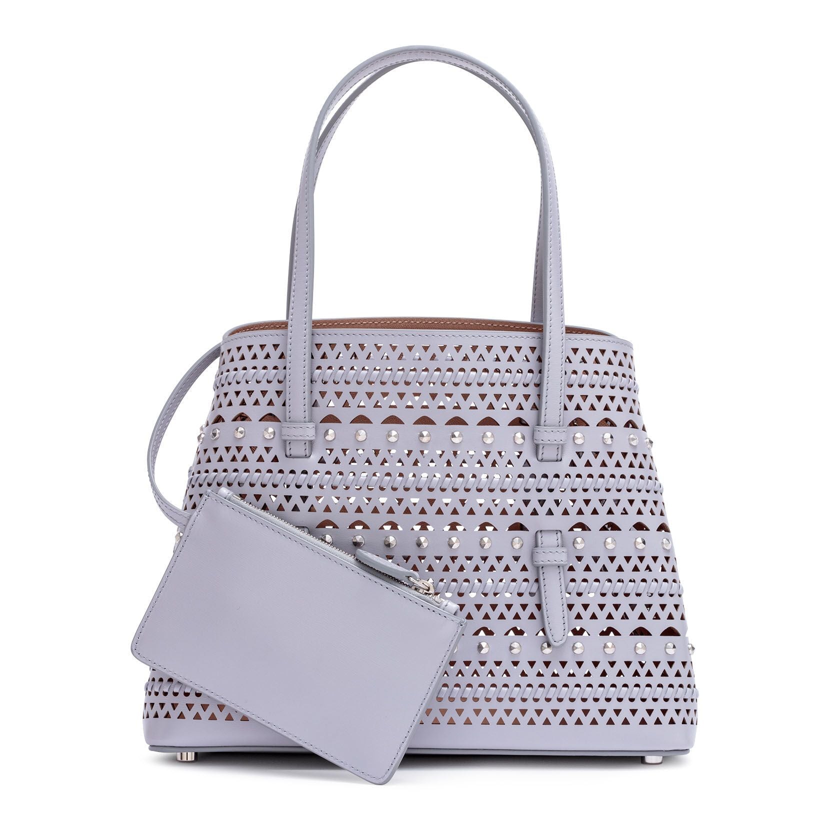 Grey leather small laser-cut bag