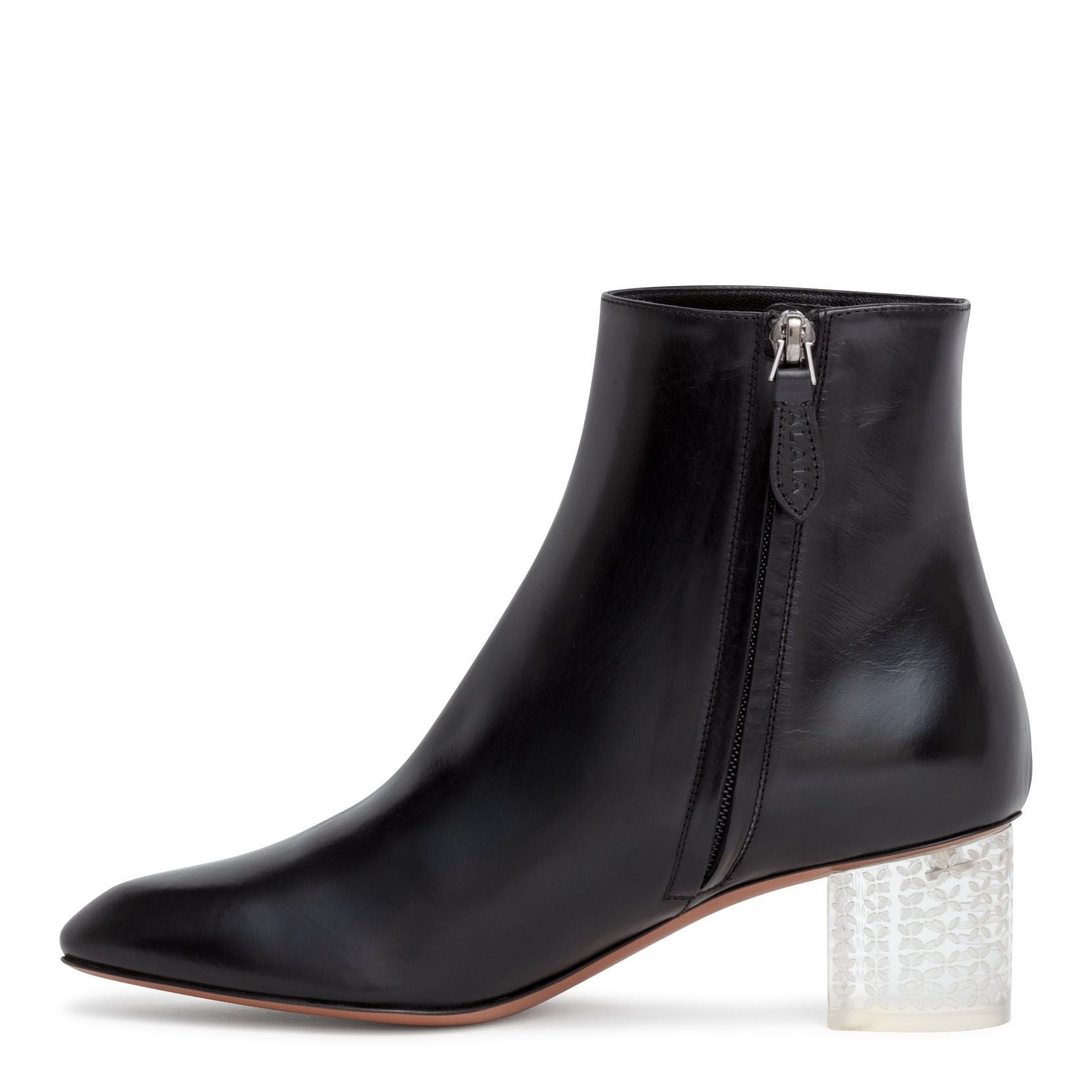 Black 50 leather plexi heel ankle boots