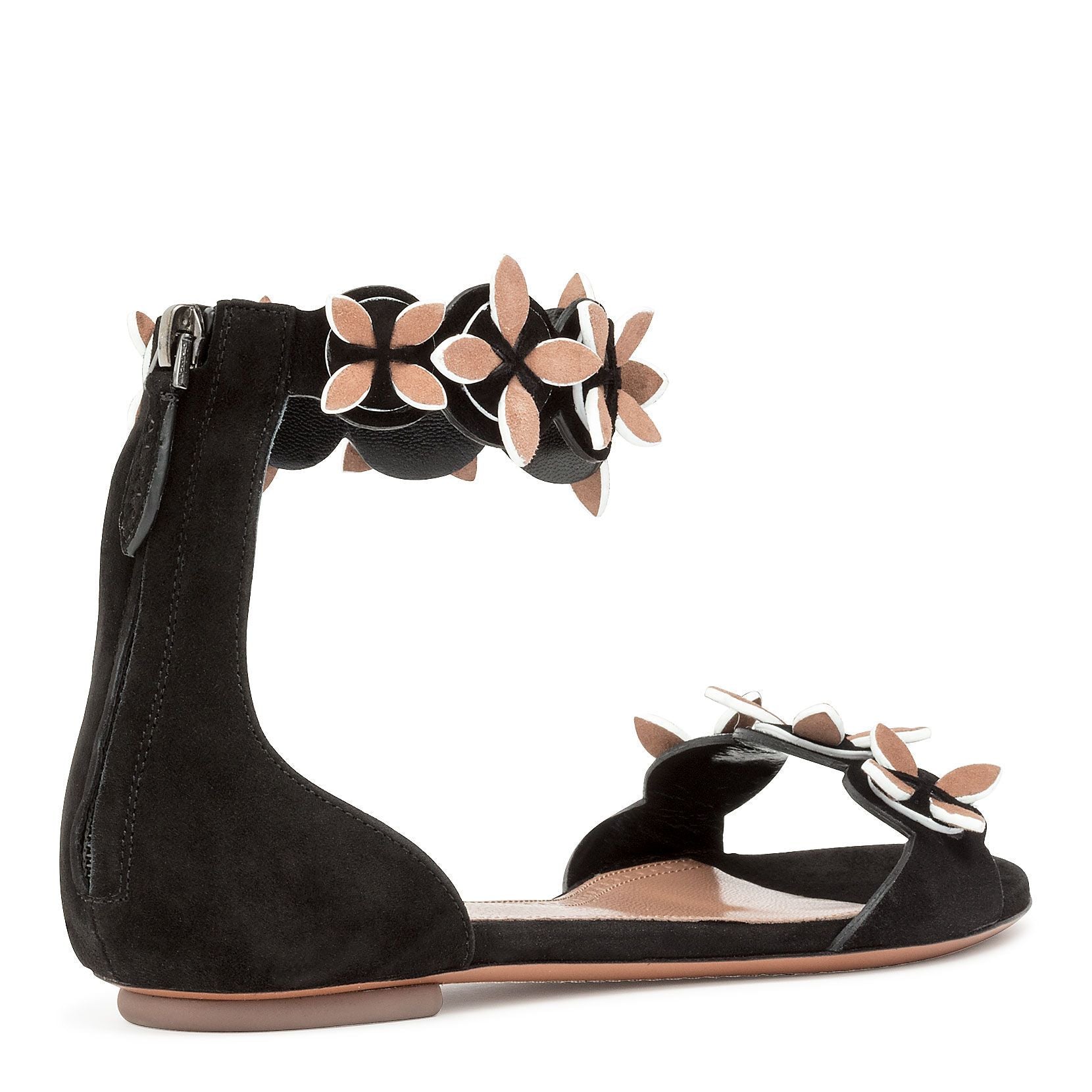 Black suede flower flat sandals