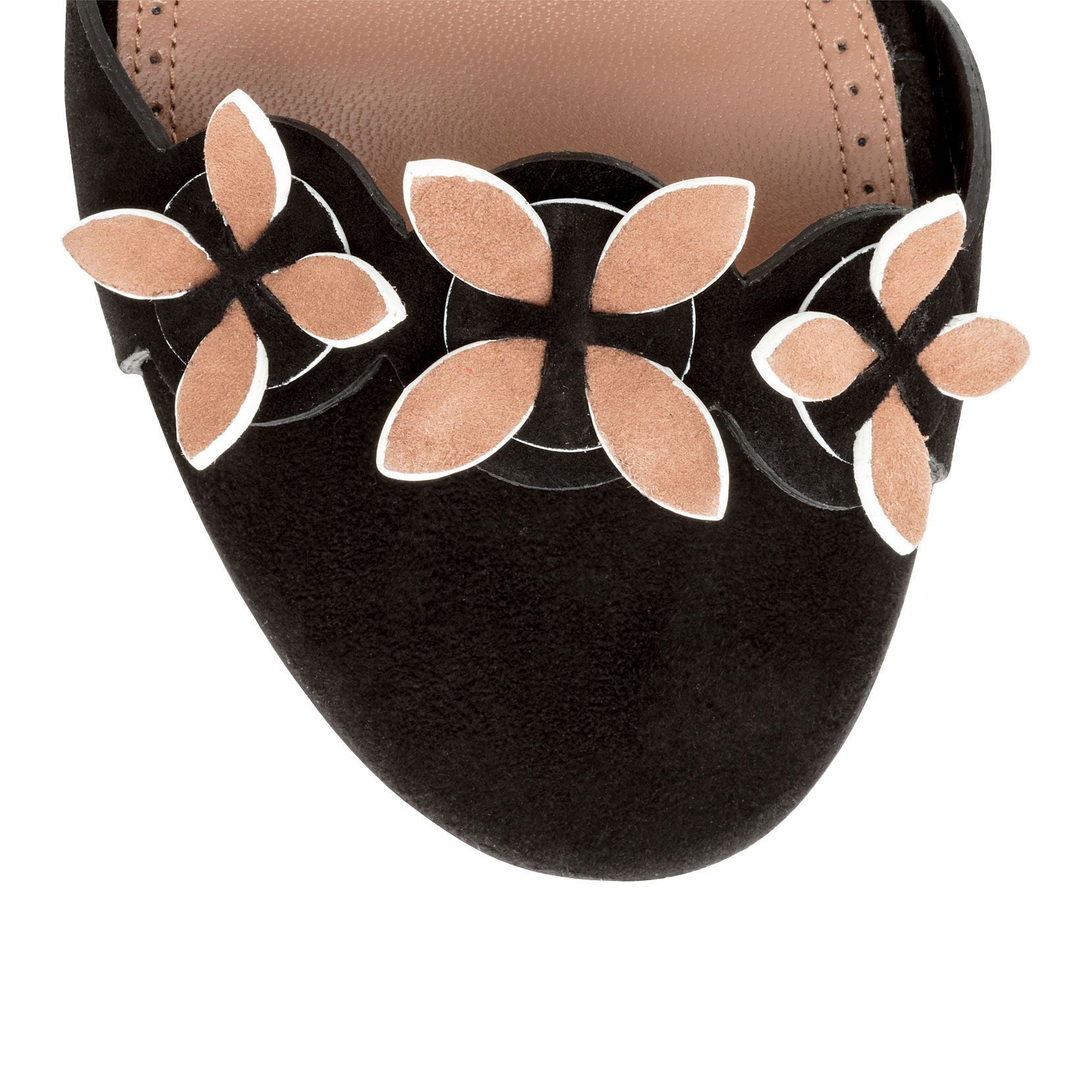 Black suede flower flat sandals