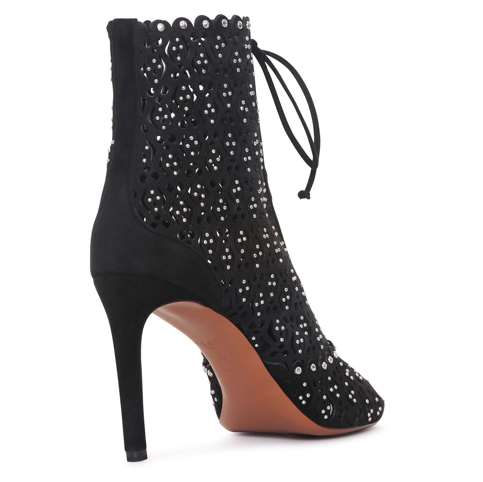 Black laser cut lace-up ankle boots