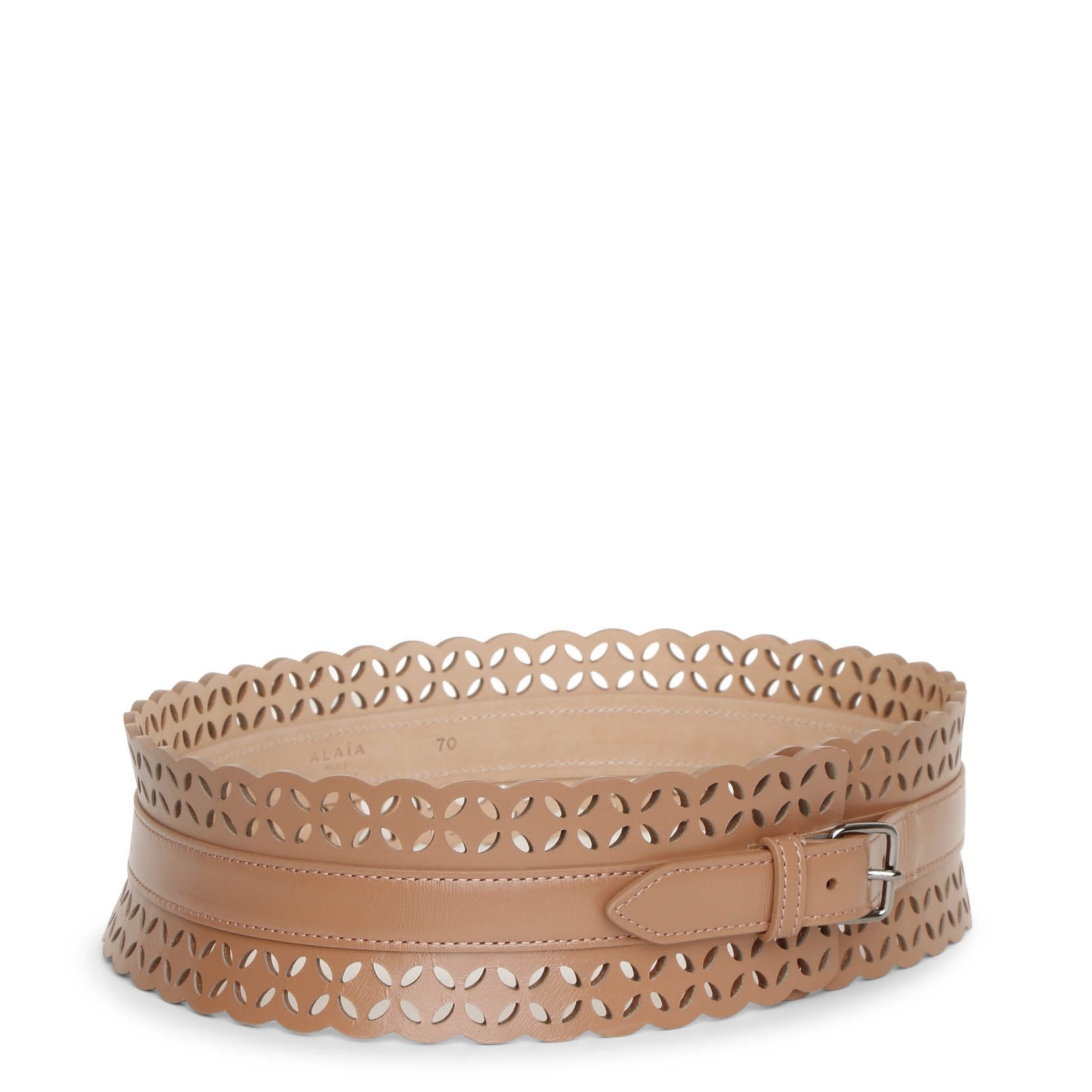 Laser cut dark nude leather belt