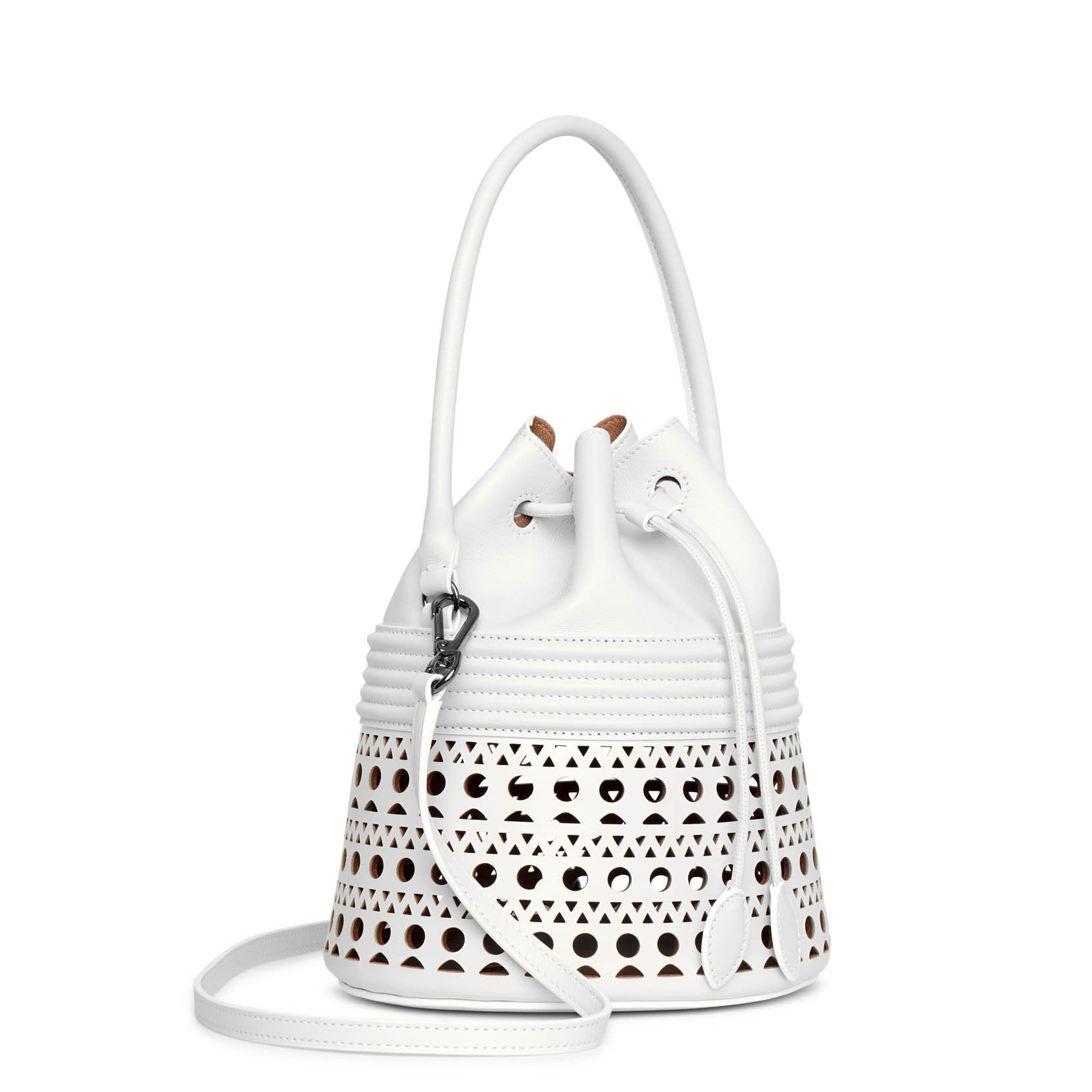 Bucket corset optic white leather bag