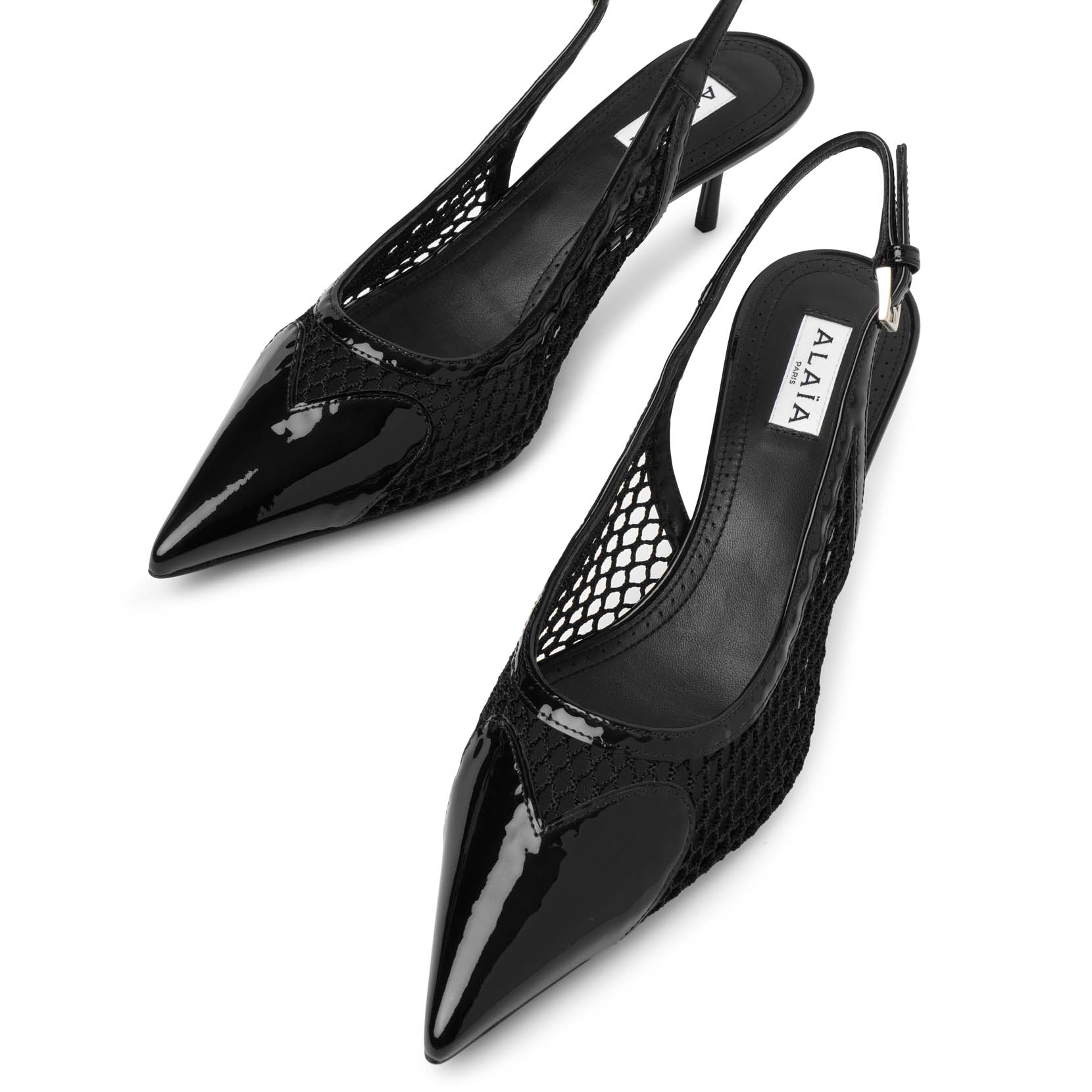 Coeur 55 black patent mesh slingback pumps