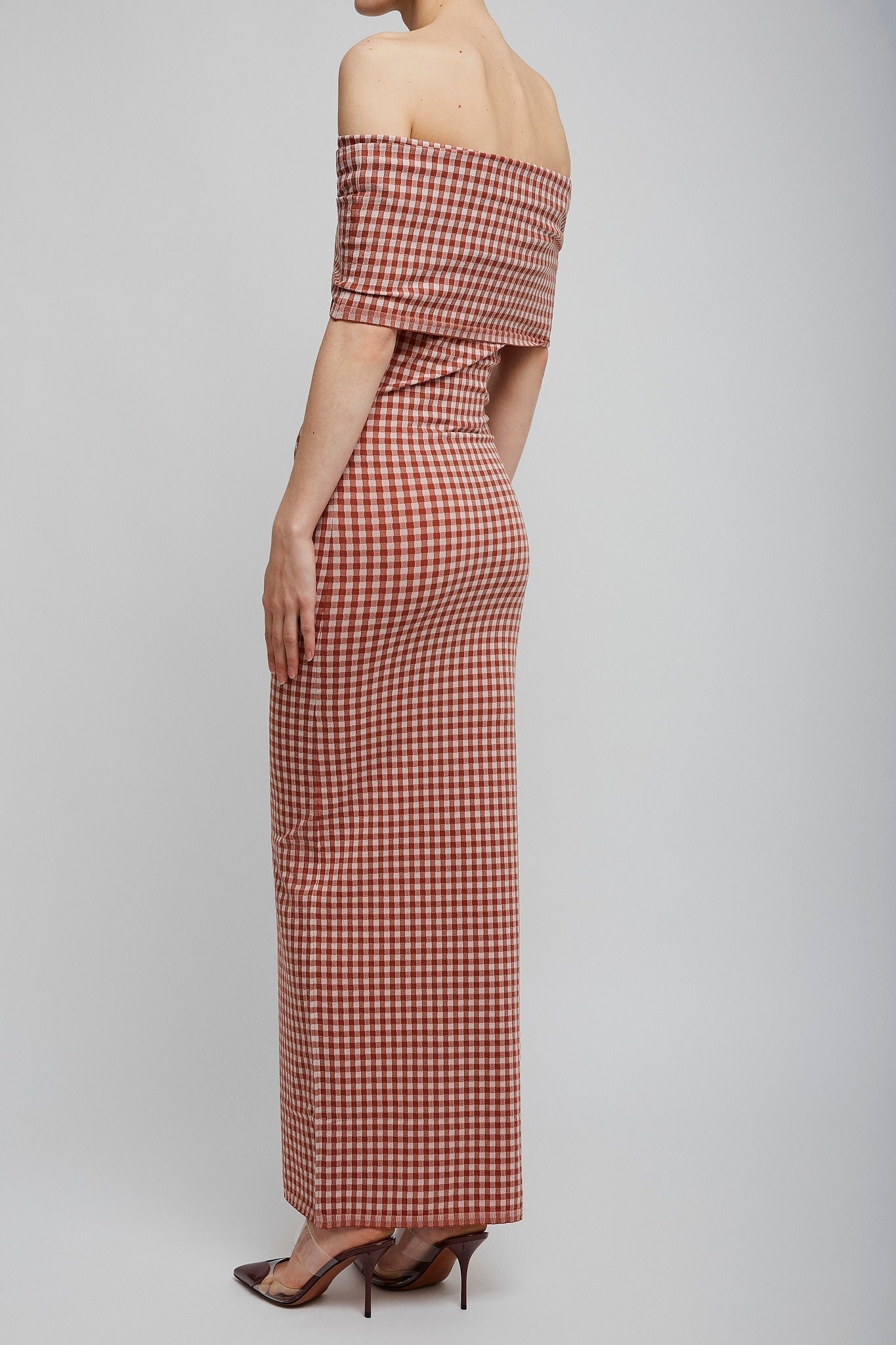 Gingham off-shoulder knit dress