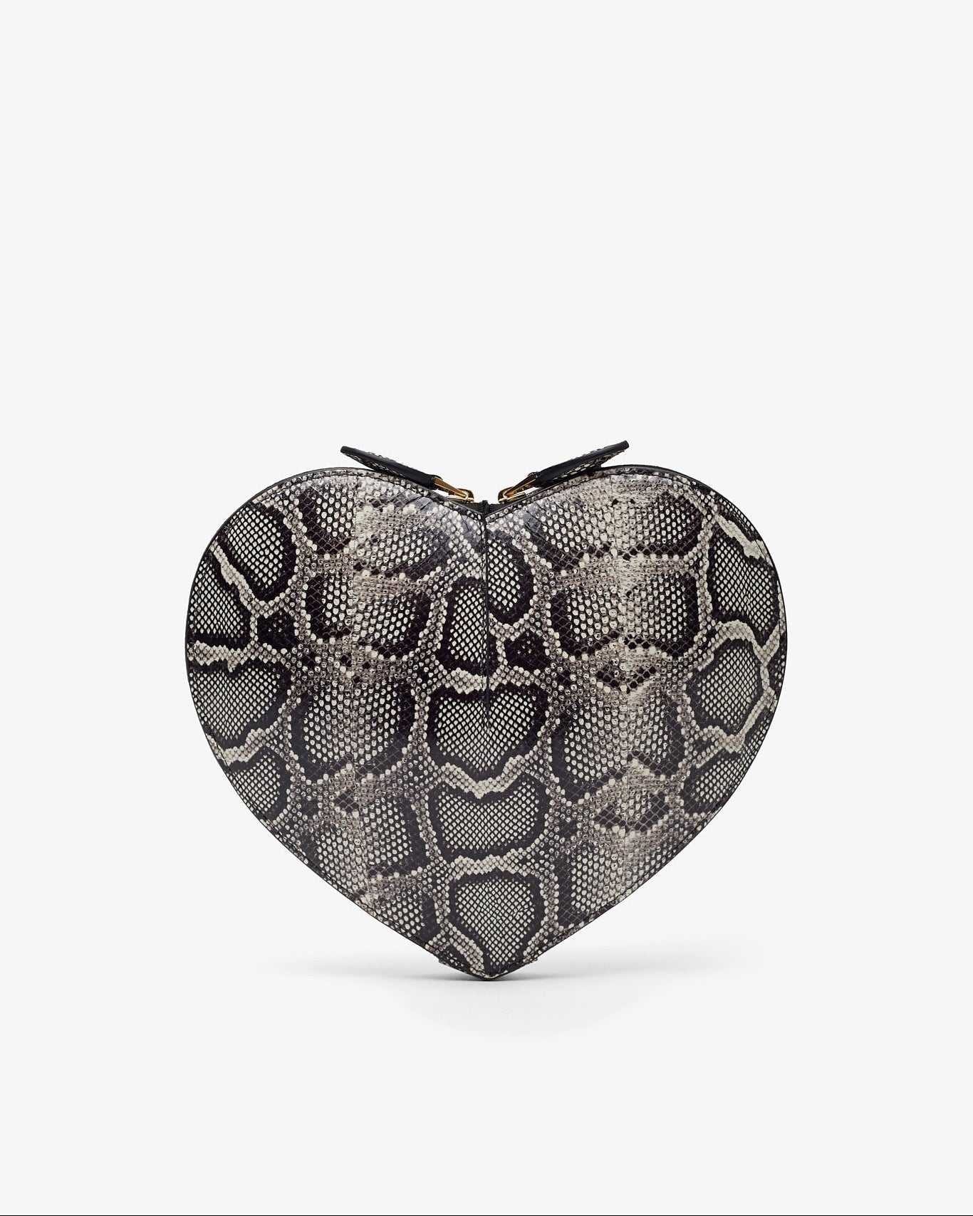 Heart-shaped clutch with snake skin pattern on a white background