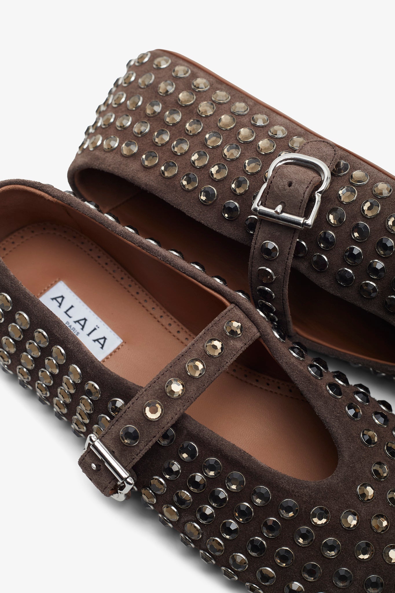 Embellished brown suede ballet flats