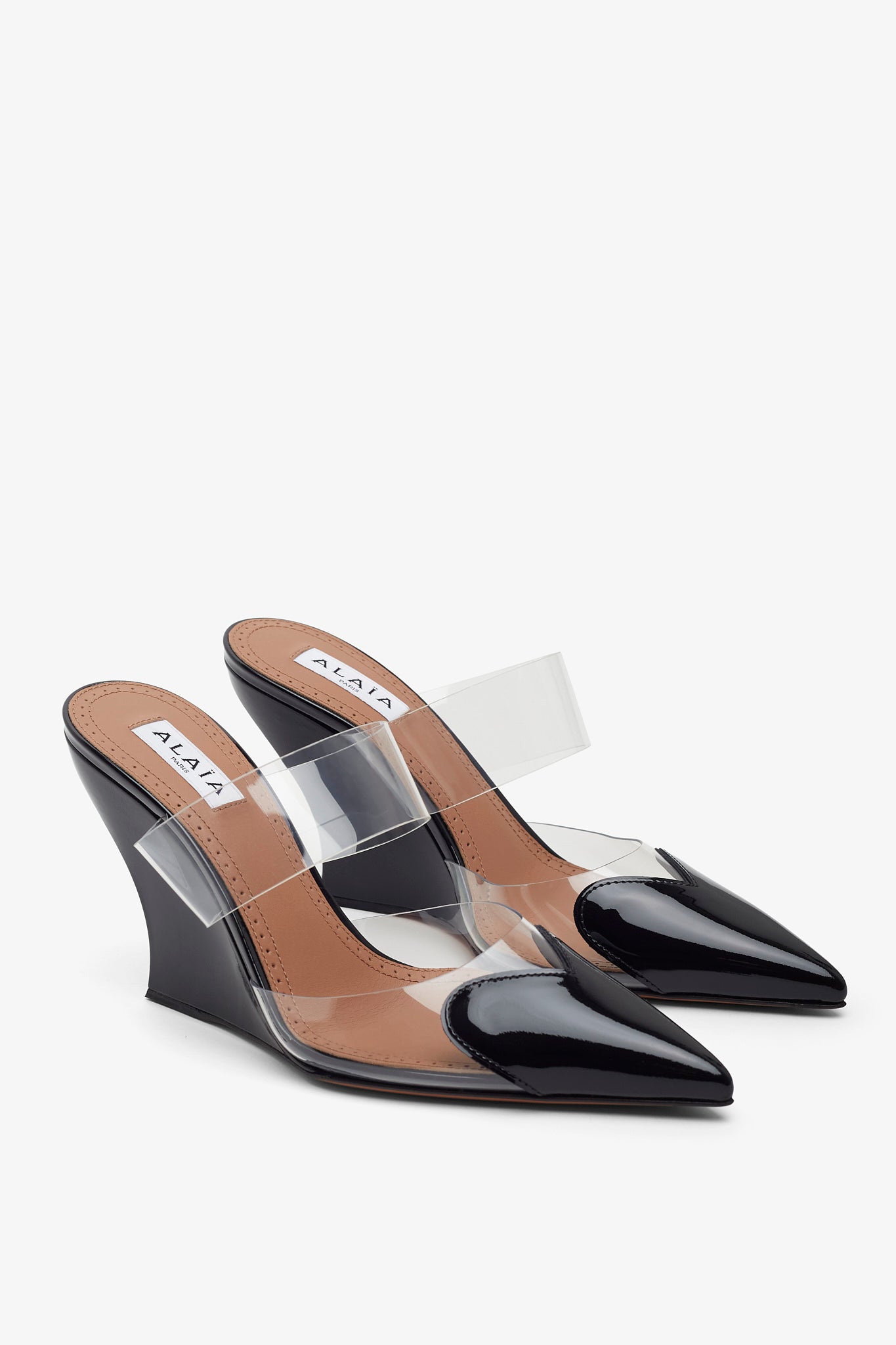Coeur 90 black patent wedge mules