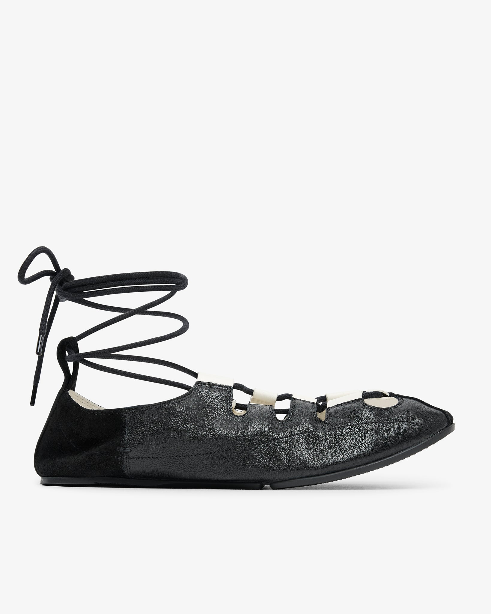 Laced black leather ballet flats