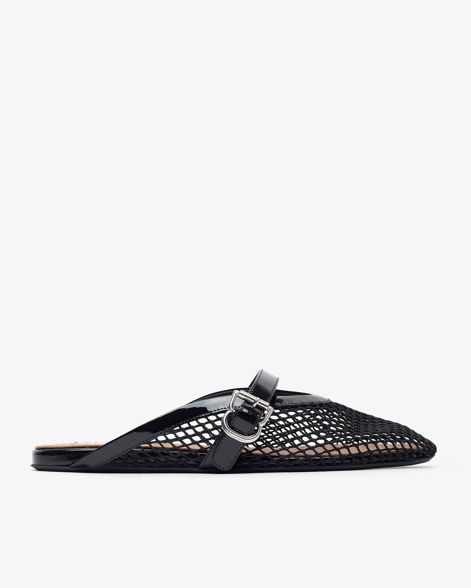 Patent black mesh mule flats
