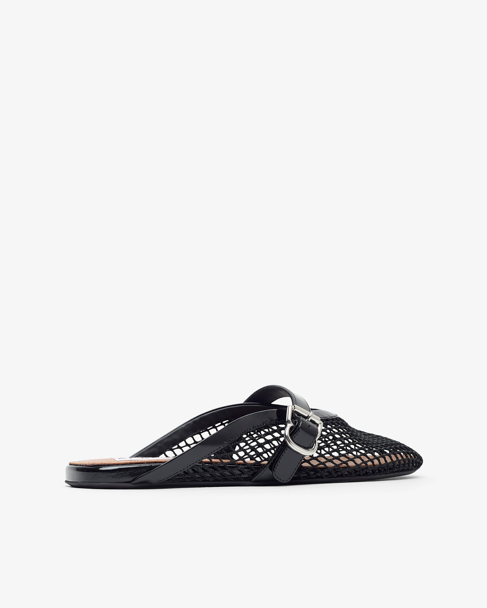 Patent black mesh mule flats