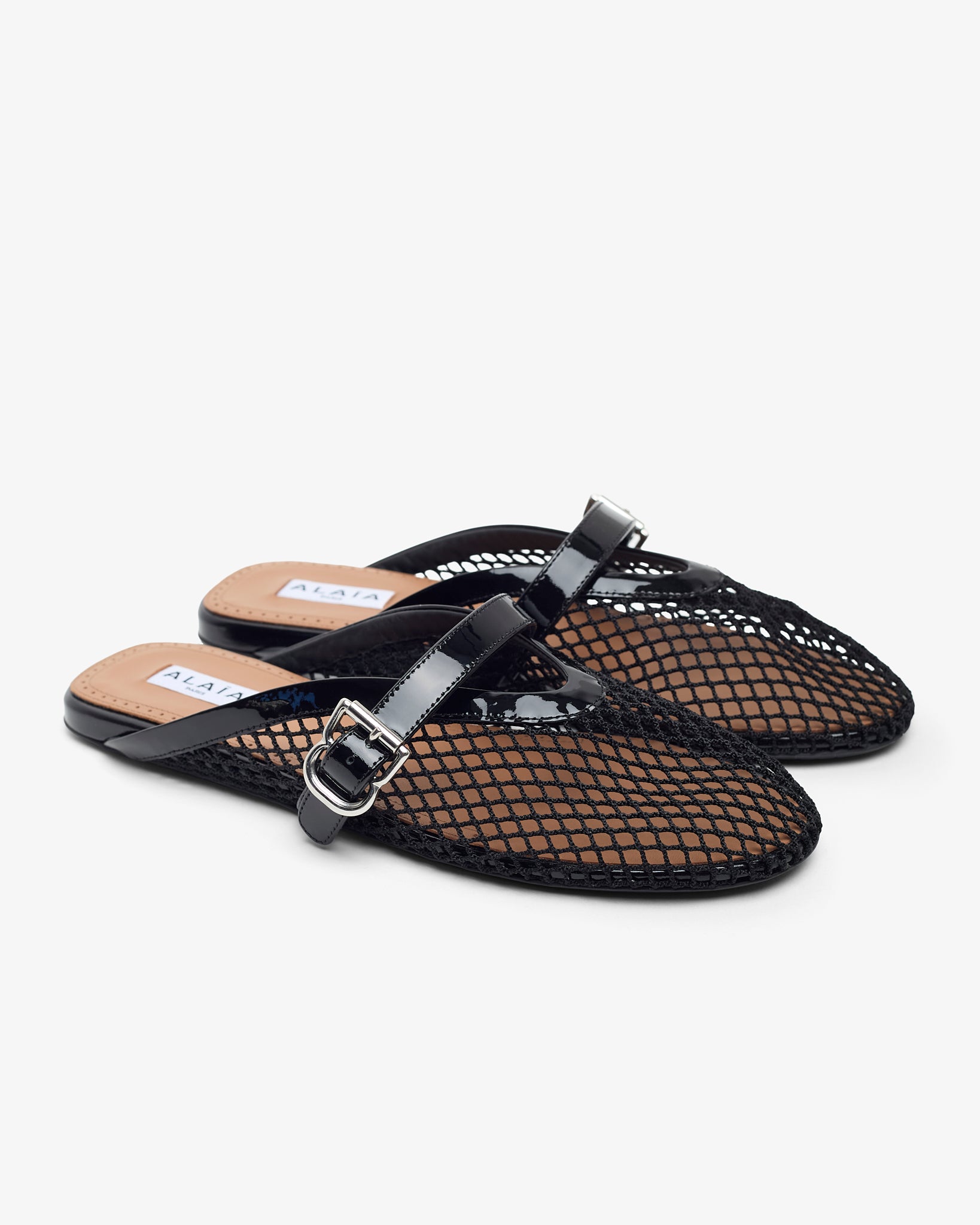 Patent black mesh mule flats