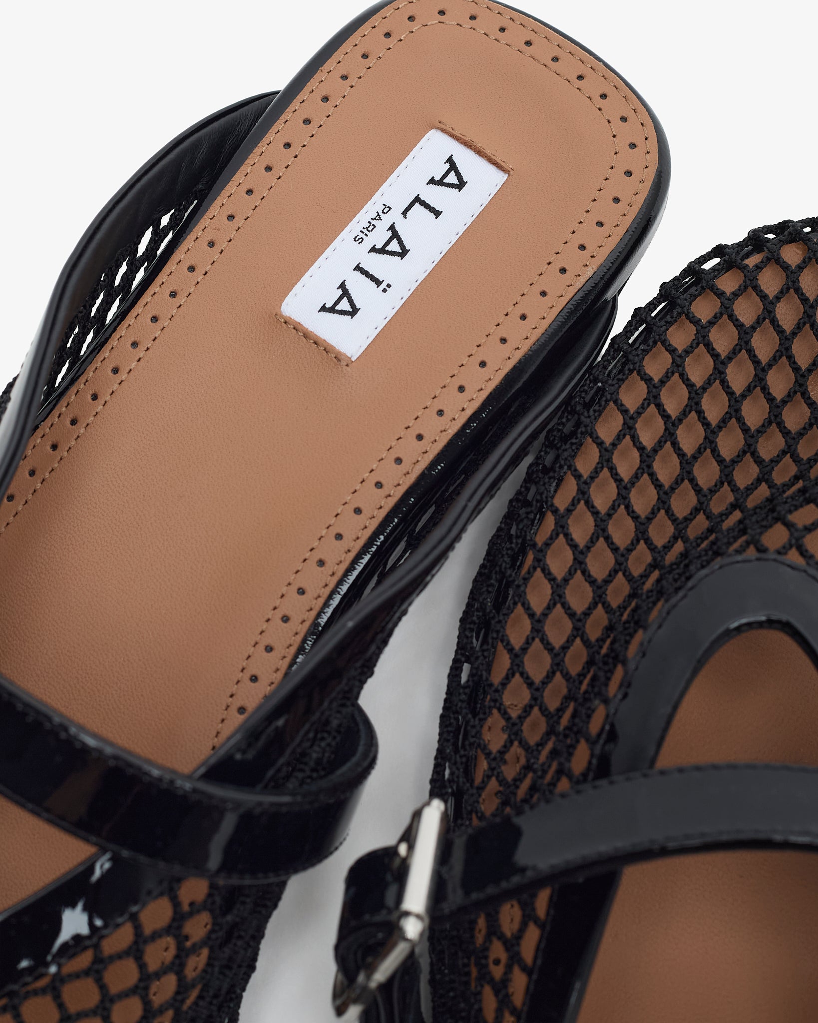 Patent black mesh mule flats