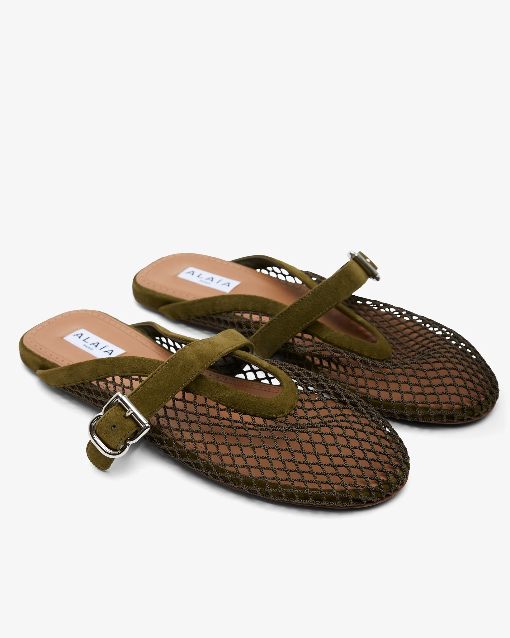 Green suede mesh ballet mules