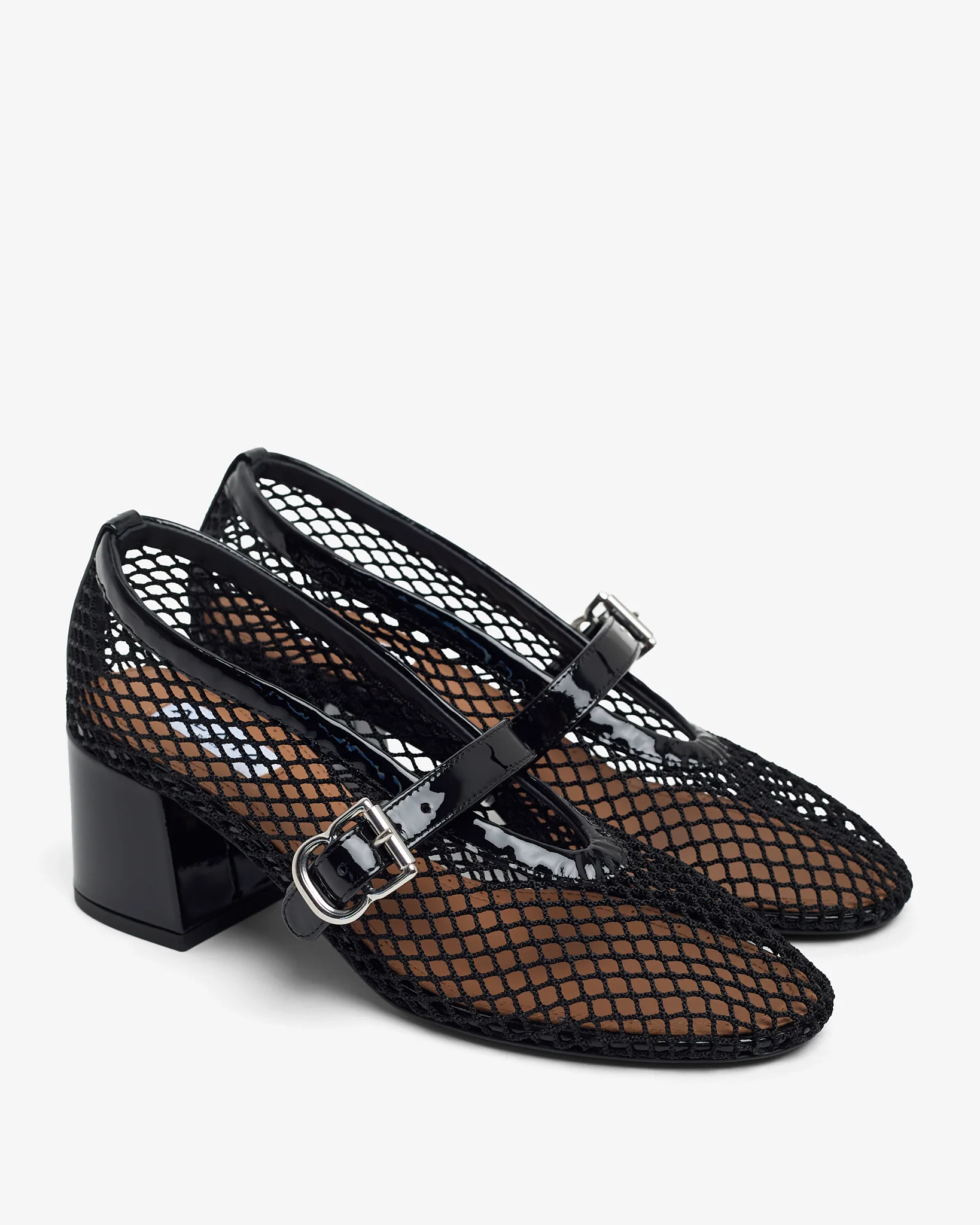 Patent black mesh 55 pumps