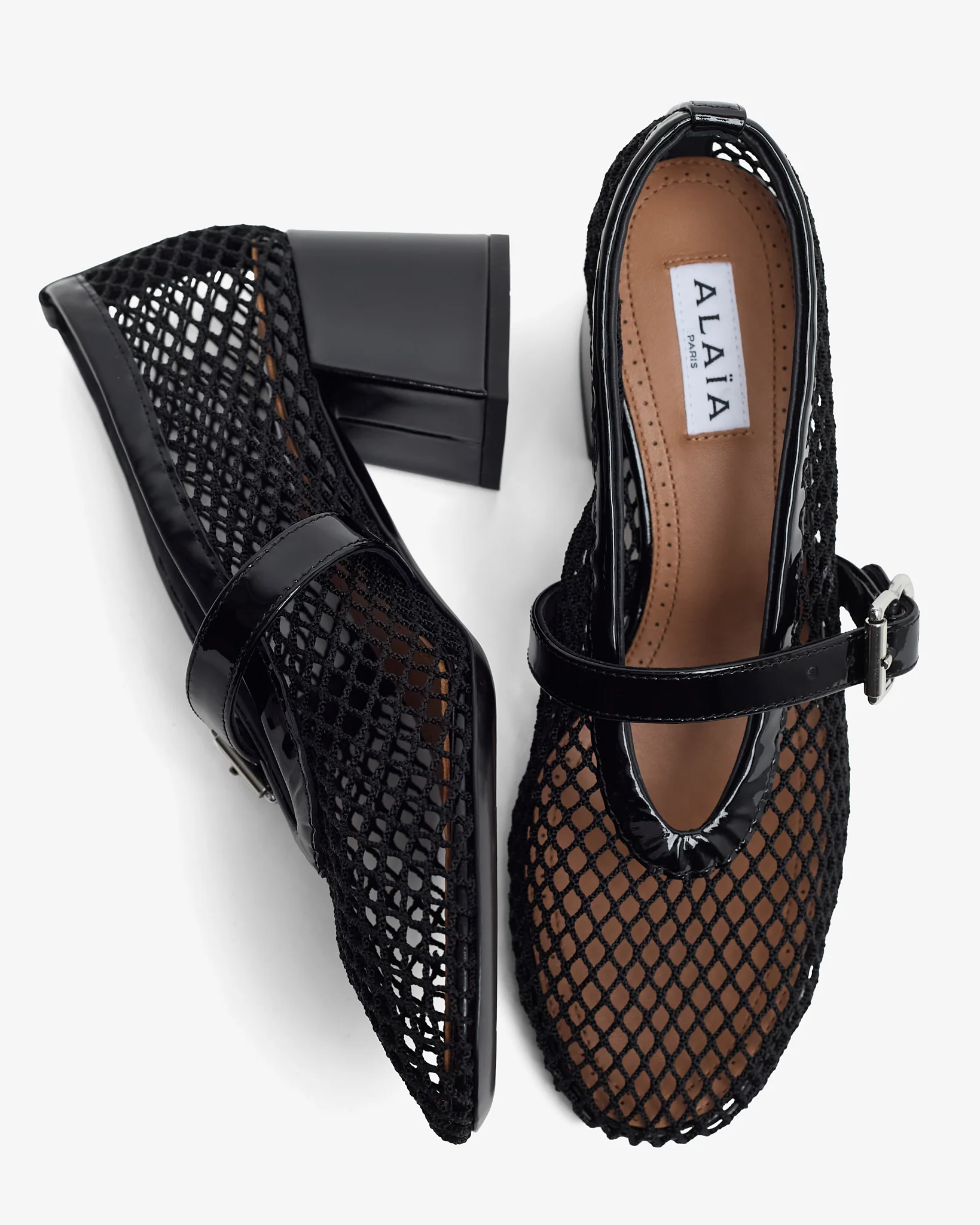 Patent black mesh 55 pumps