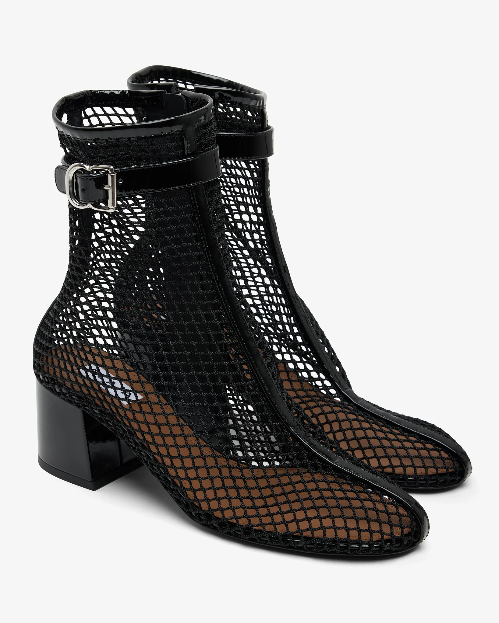 Patent black mesh 55 ankle boots