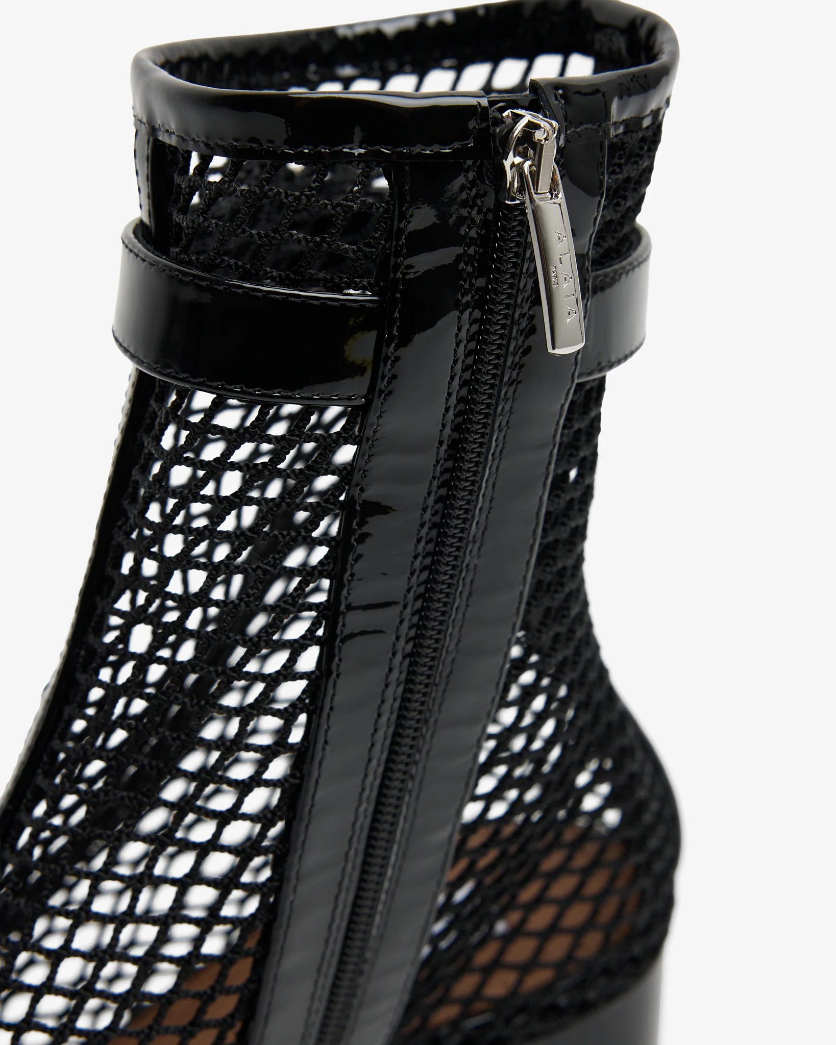 Patent black mesh 55 ankle boots