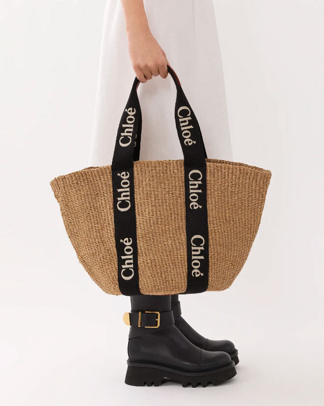 Woody raffia black tote bag