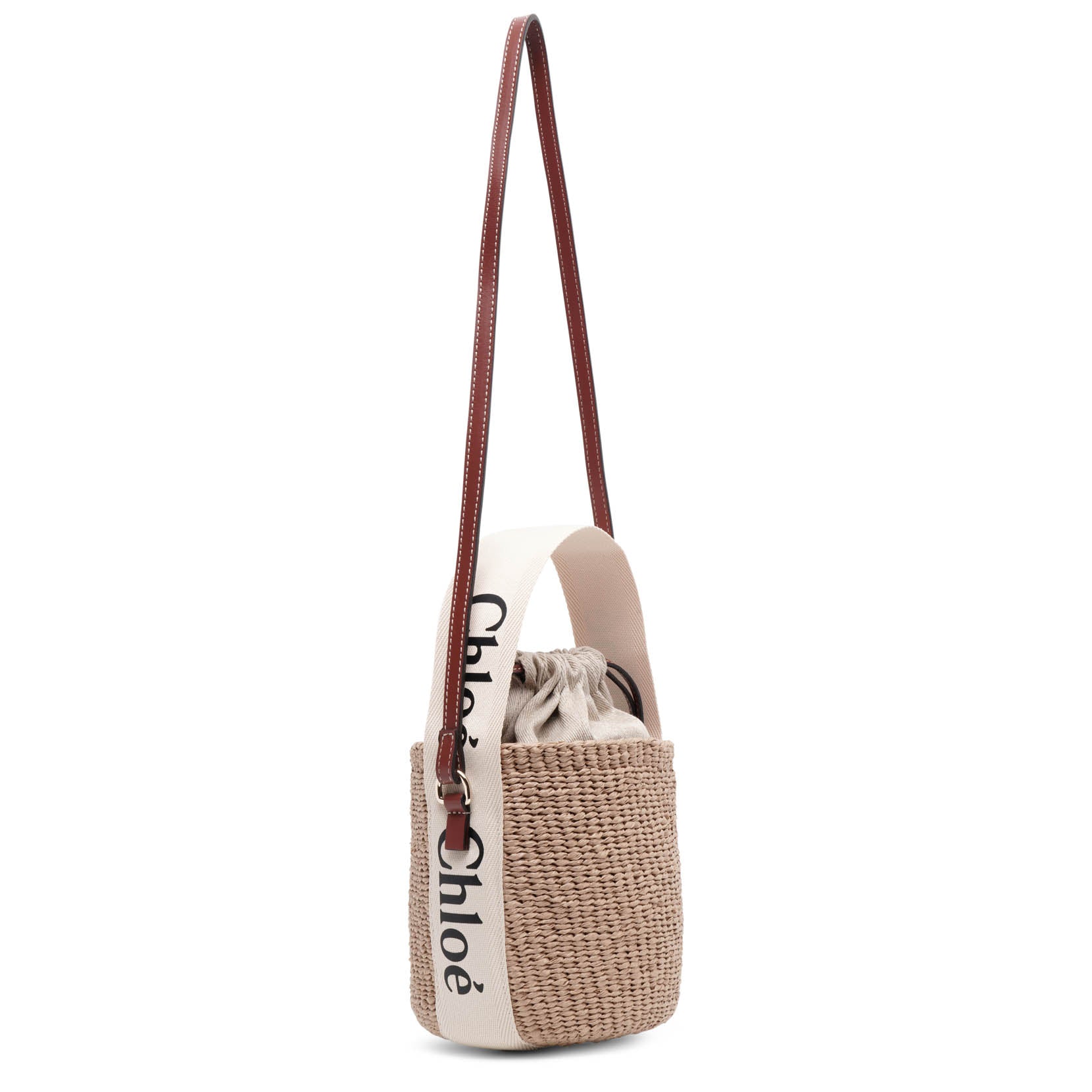 Woody logo white raffia bucket bag