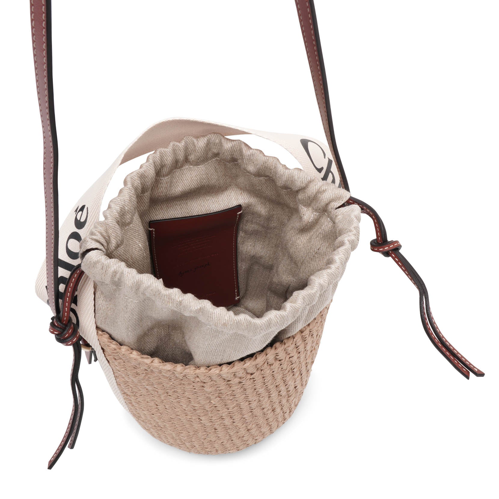 Woody logo white raffia bucket bag