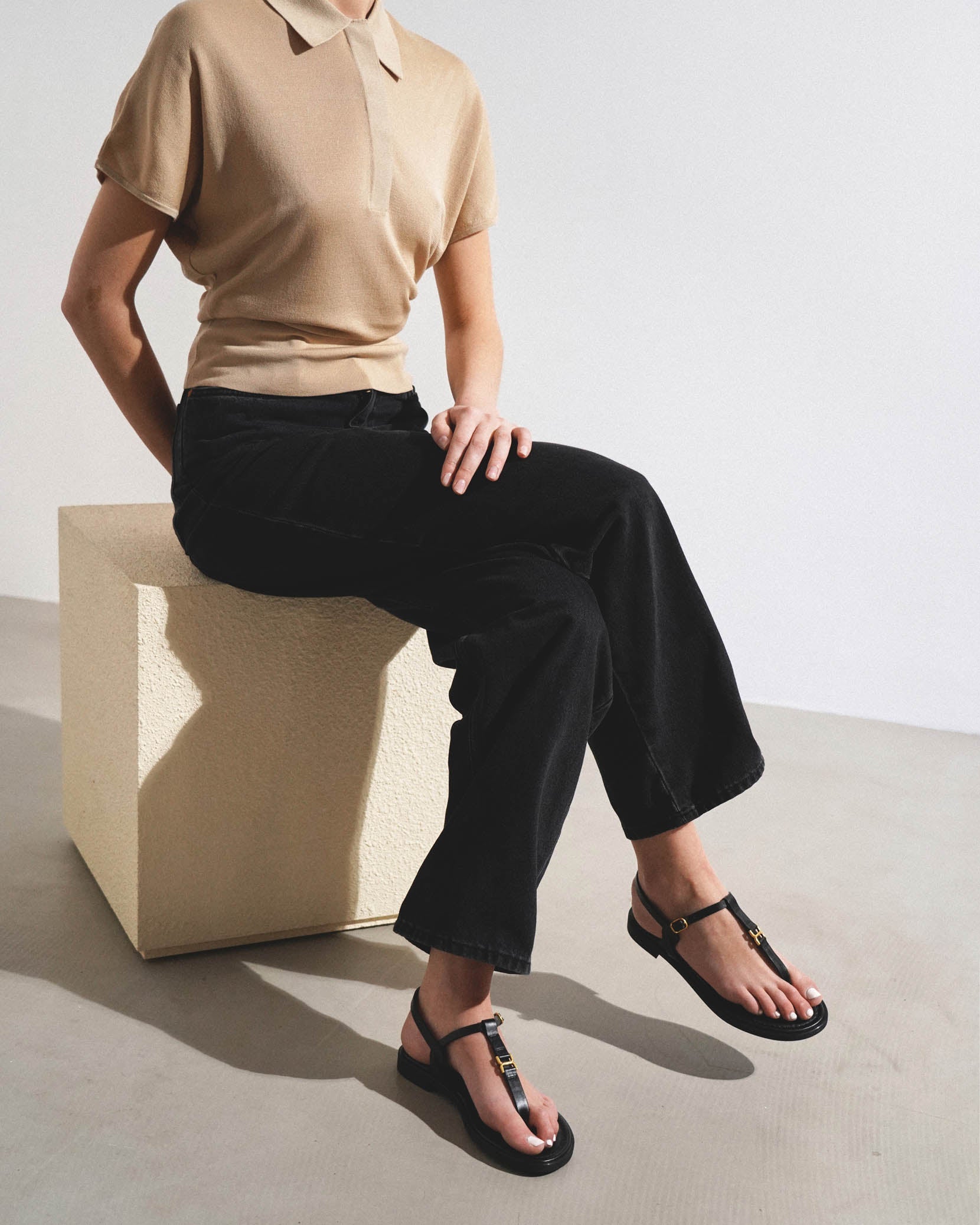 Marcie black leather flat sandals