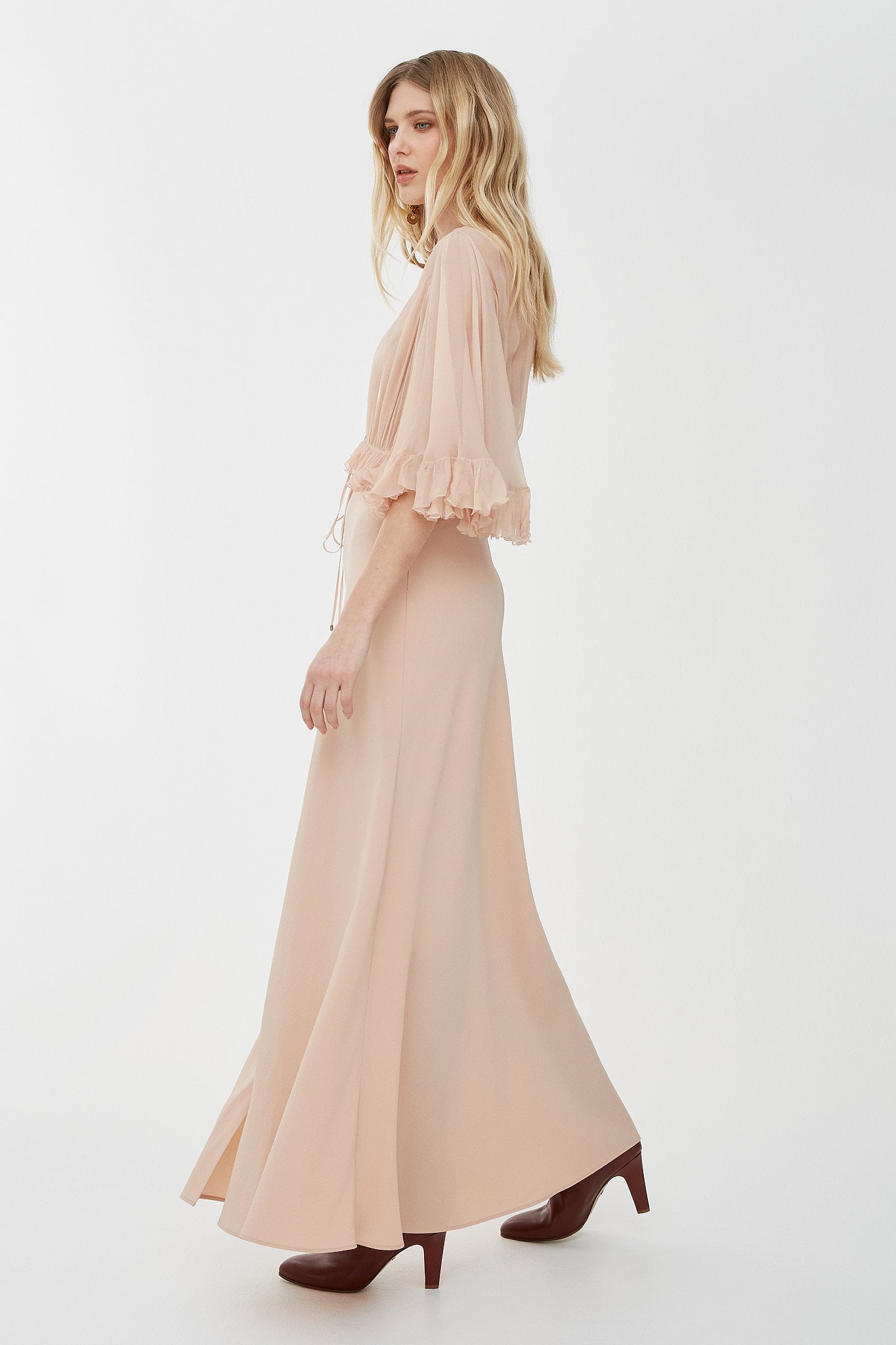 V-neck crepe satin long dress