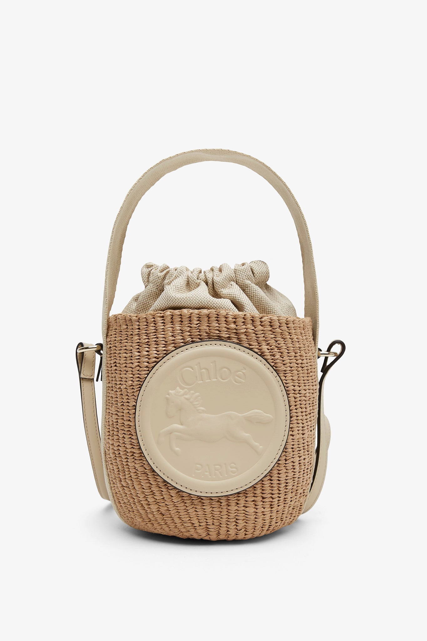 Horse medal ivory raffia bucket bag