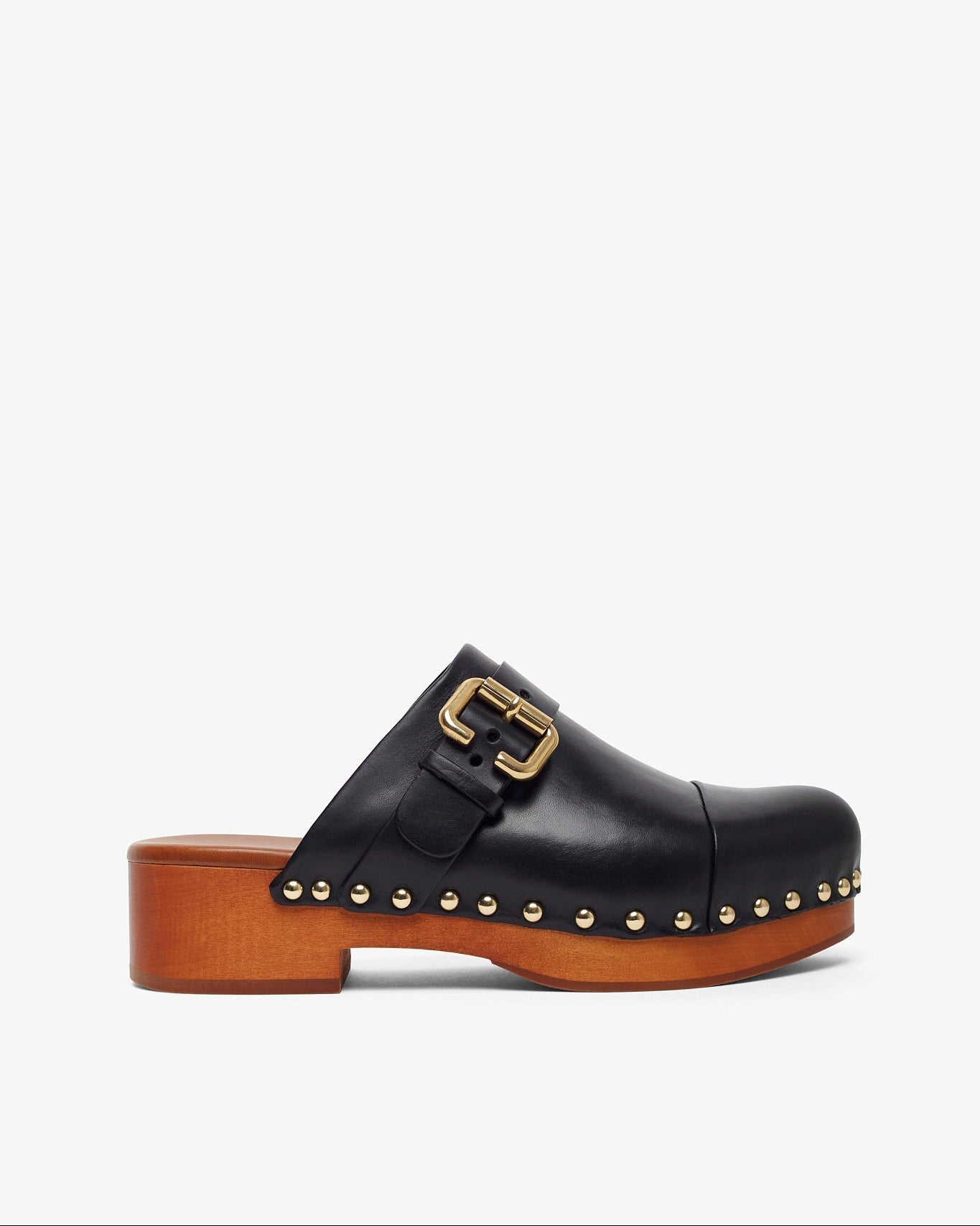 Black clog shoe with gold buckle and wooden sole on a white background