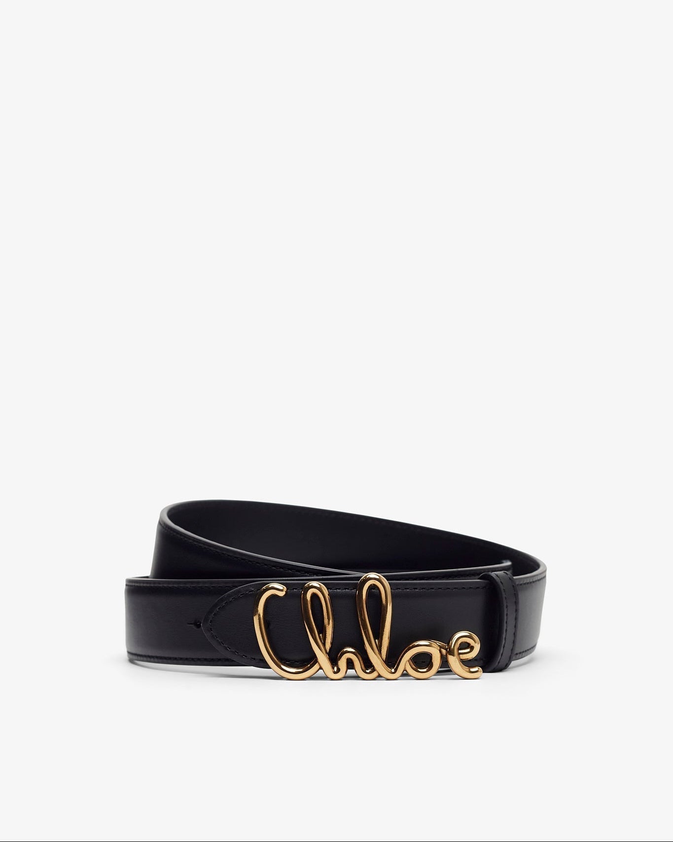 Black belt with gold Chloe logo on a white background