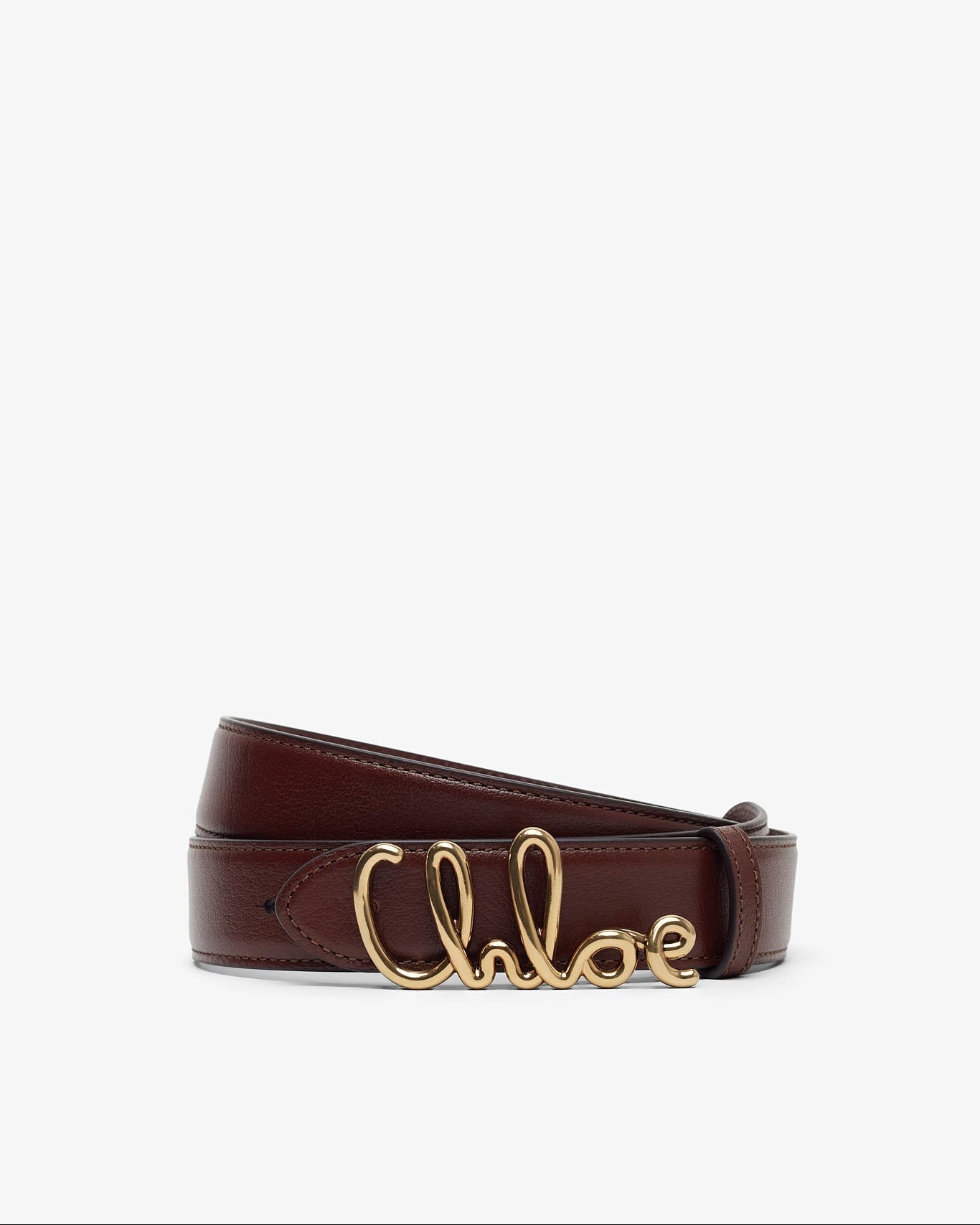 Brown belt with gold Chloé logo on a white background