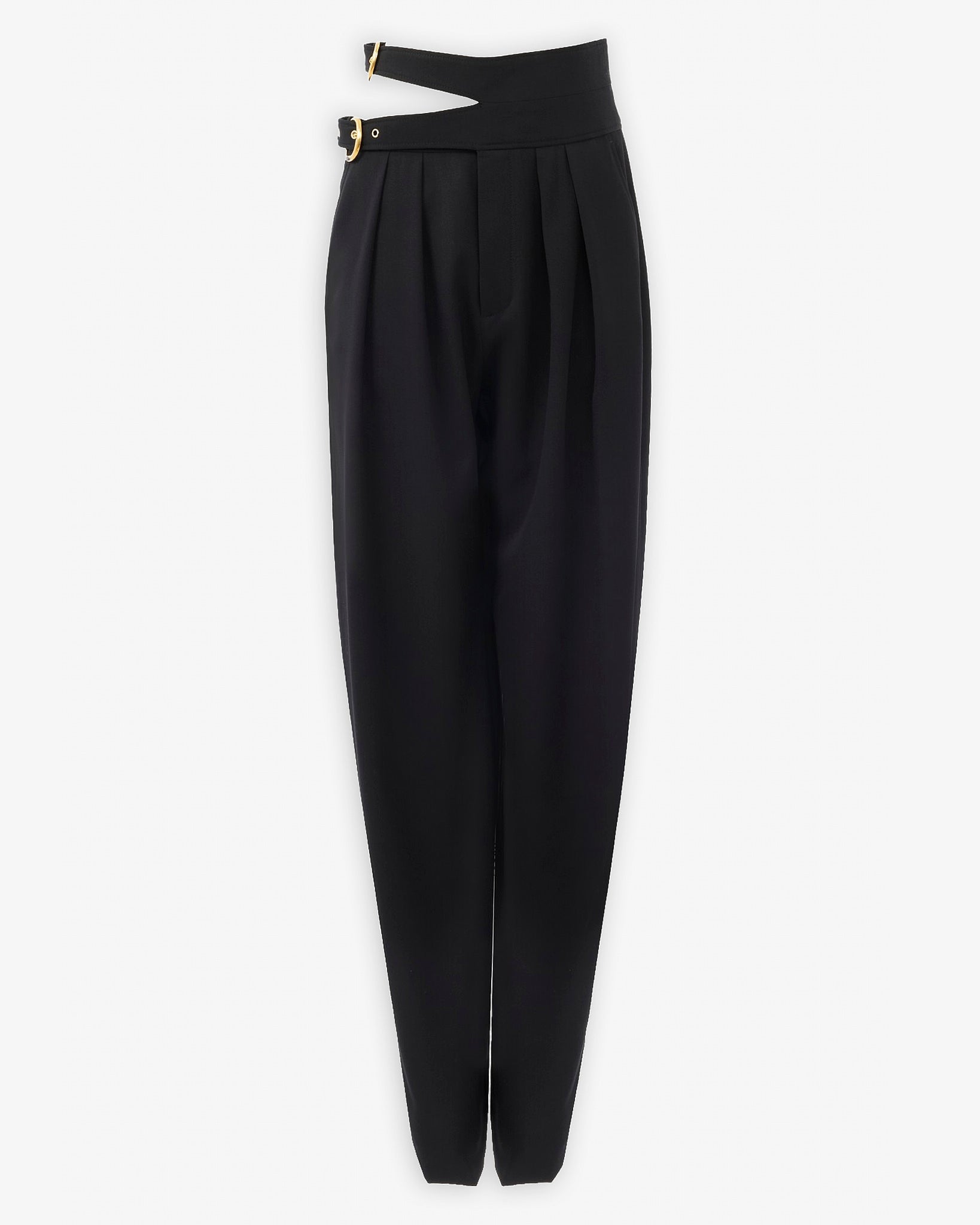 High-waist buckled black trousers