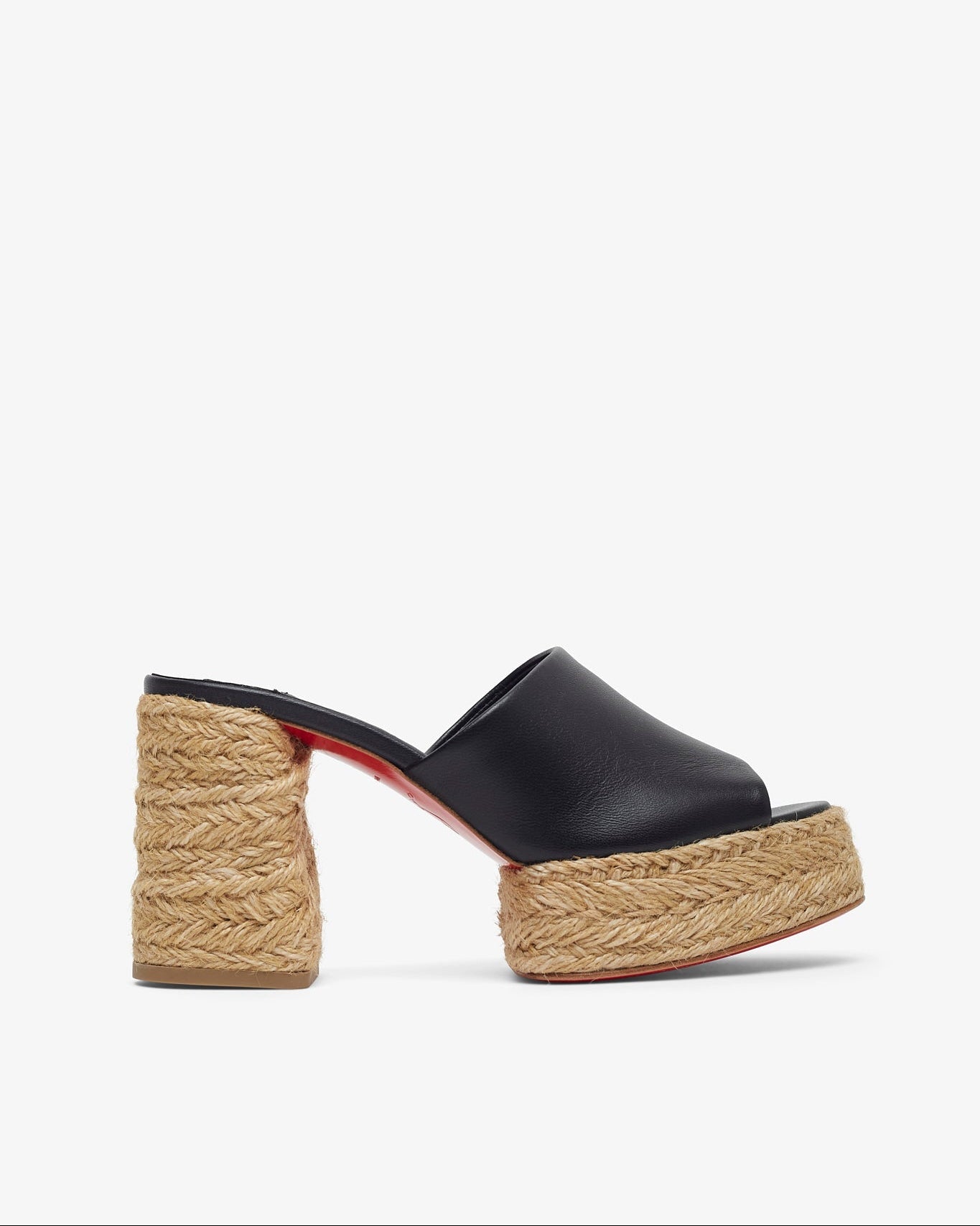Black sandal with jute sole on a white background