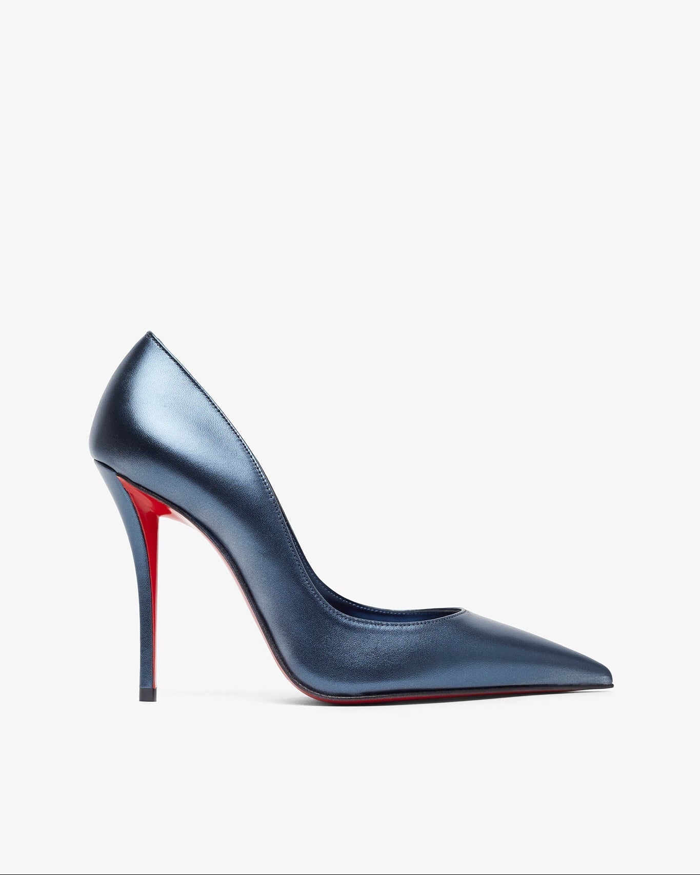 Blue high-heeled shoe with red sole on a white background