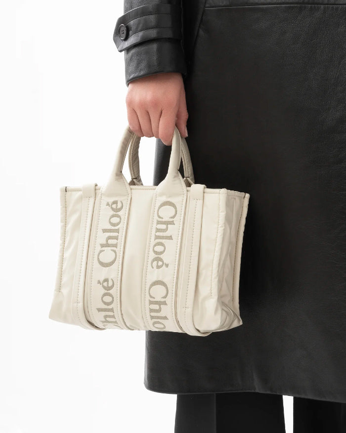 Woody small ivory nylon tote bag