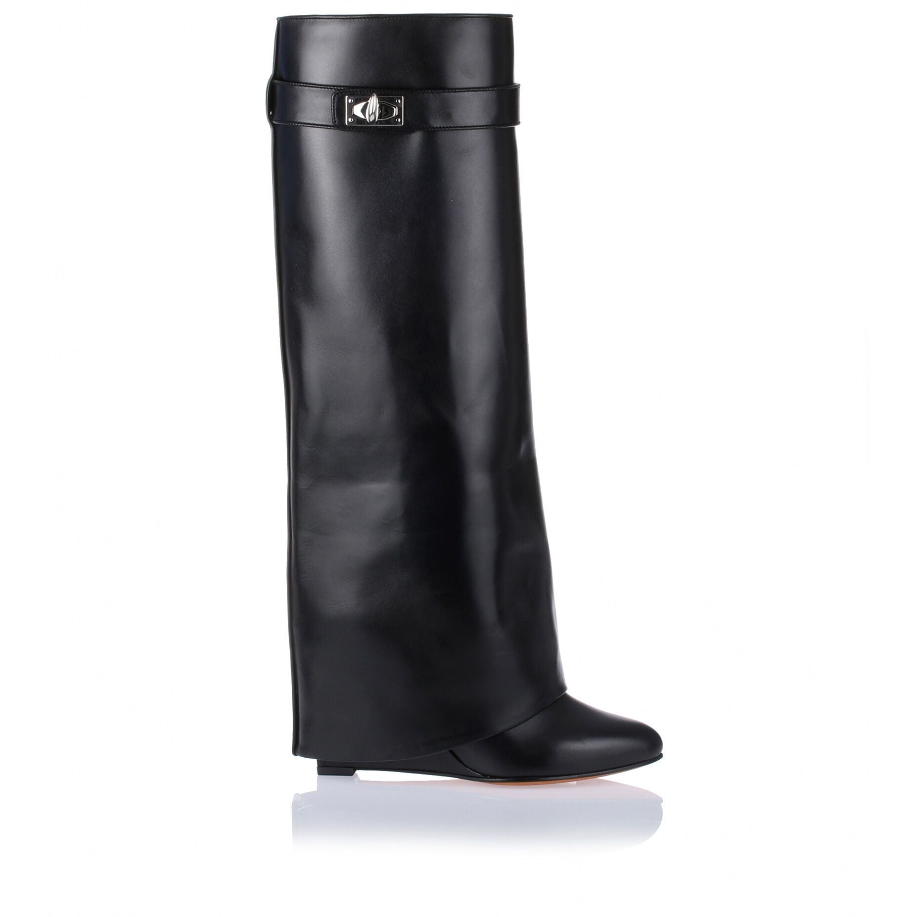 Black fold-over shark lock knee boot