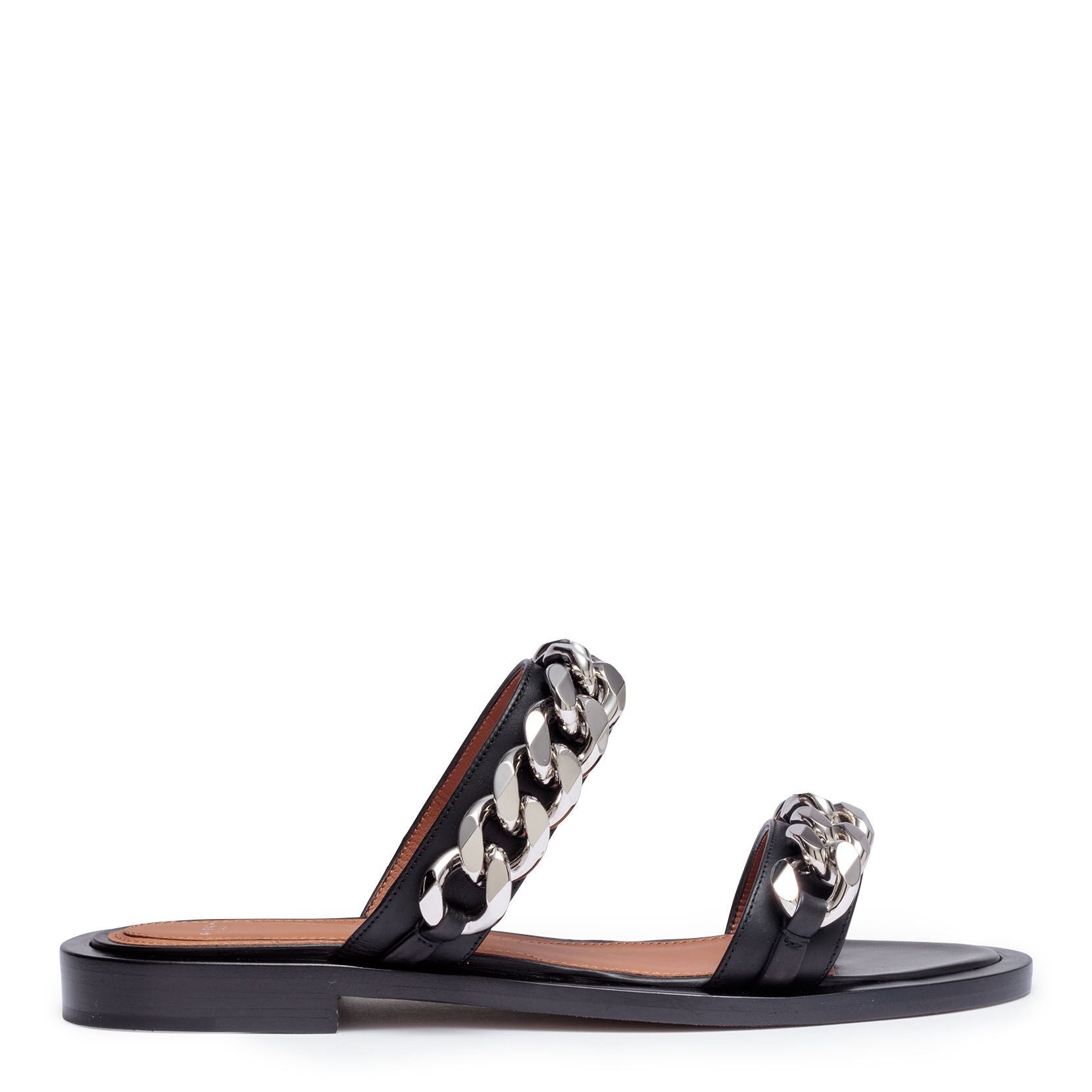 Black leather 2 chain flat sandals