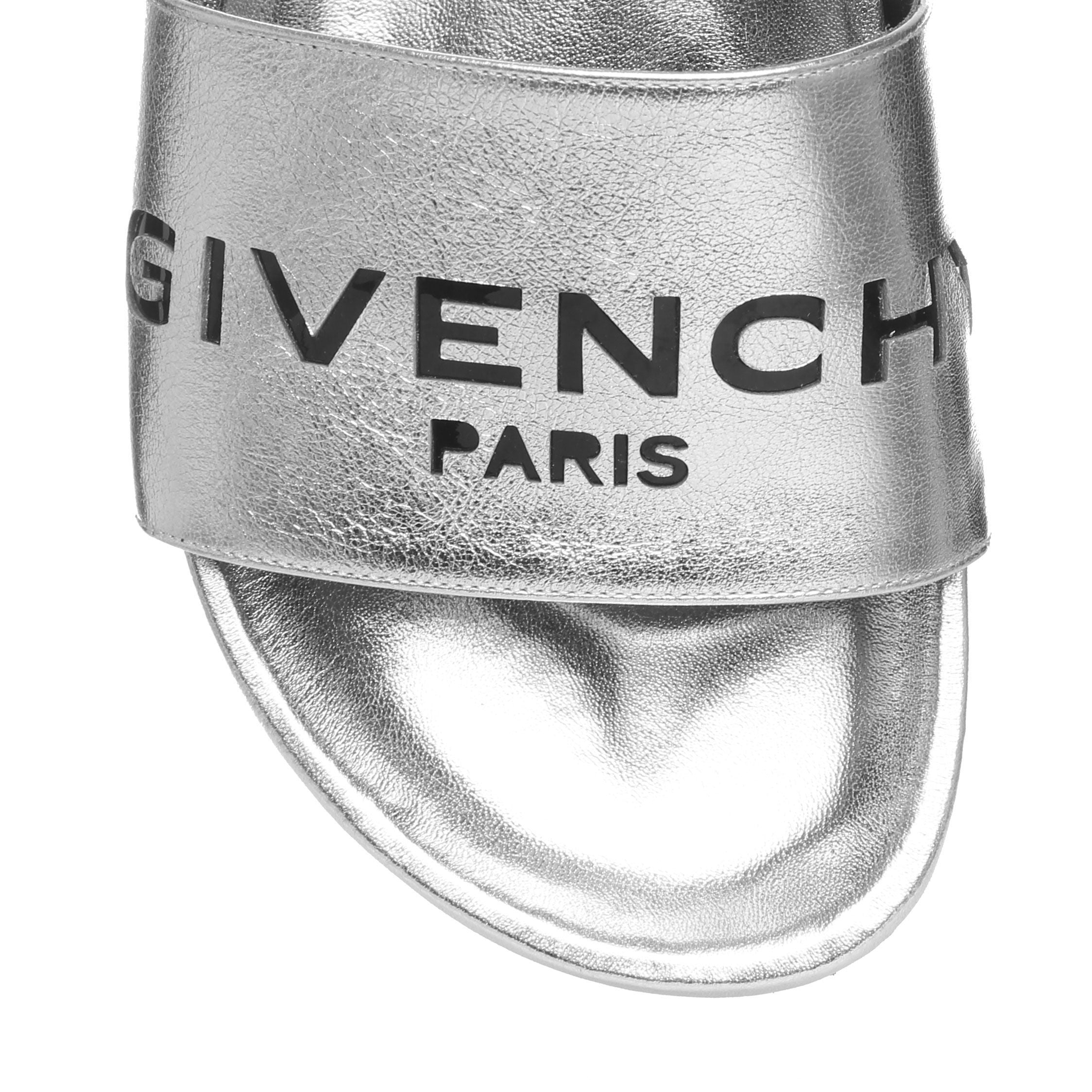 Metallic silver leather pool slides