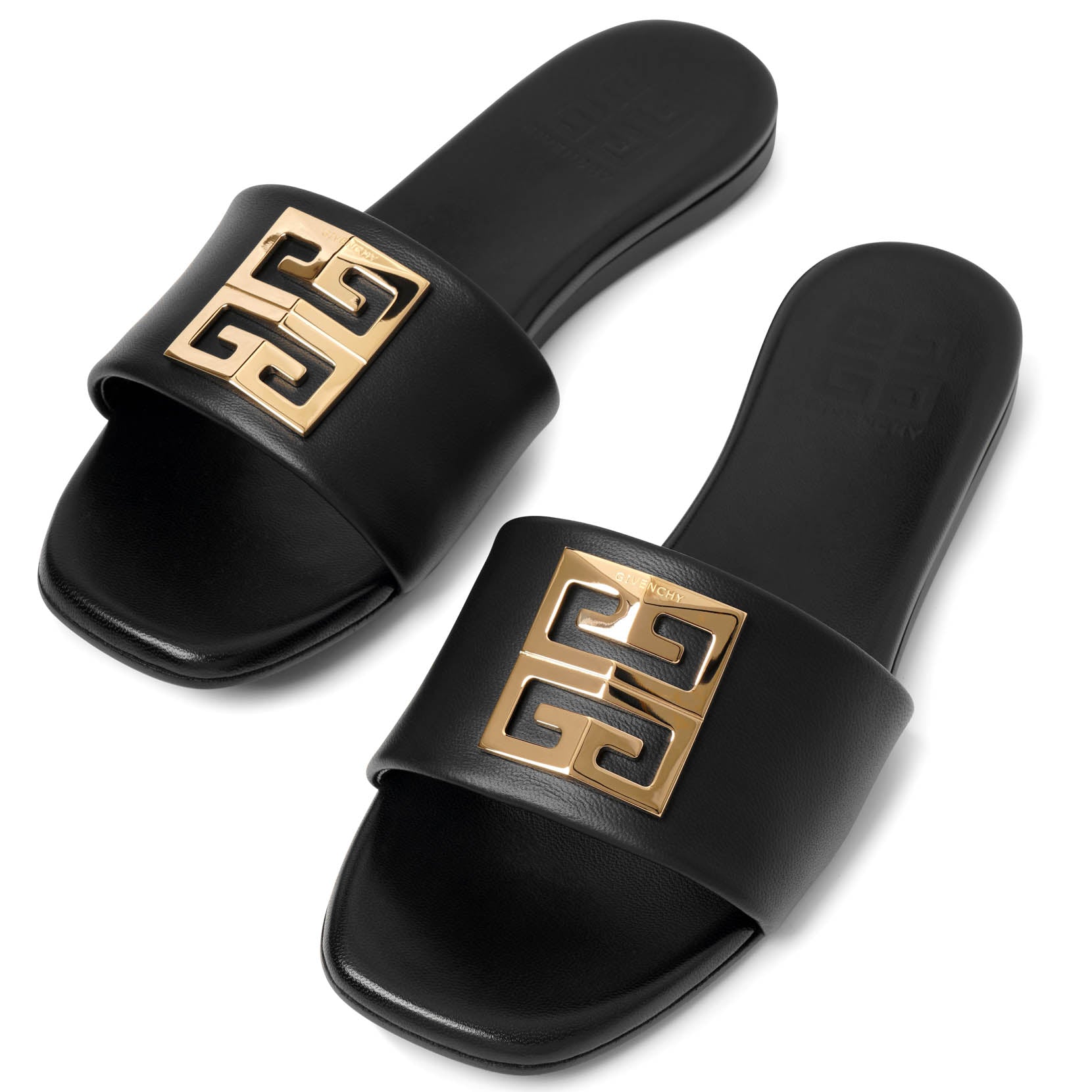 4G black and gold flat sandals