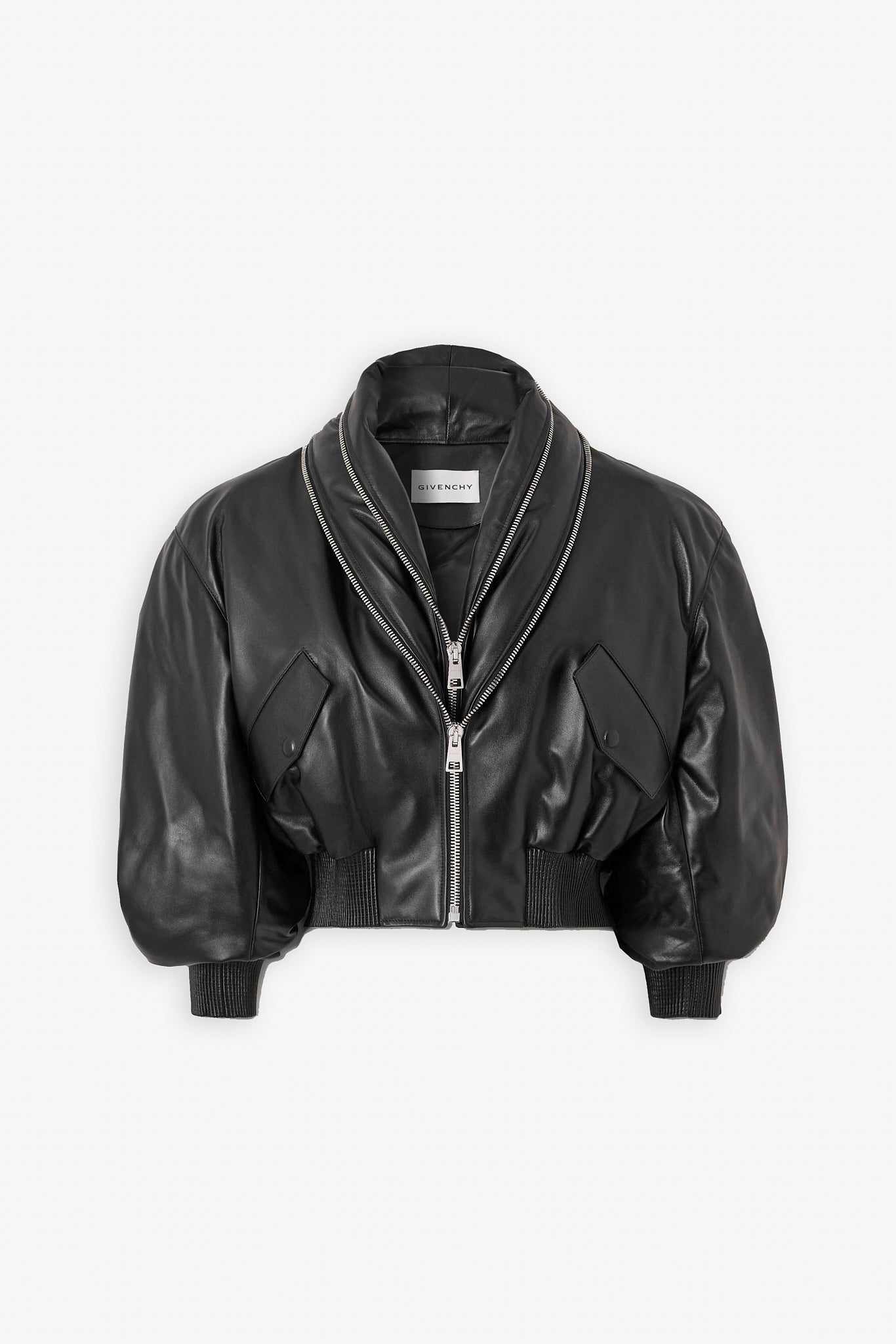 Zipped black leather bomber jacket